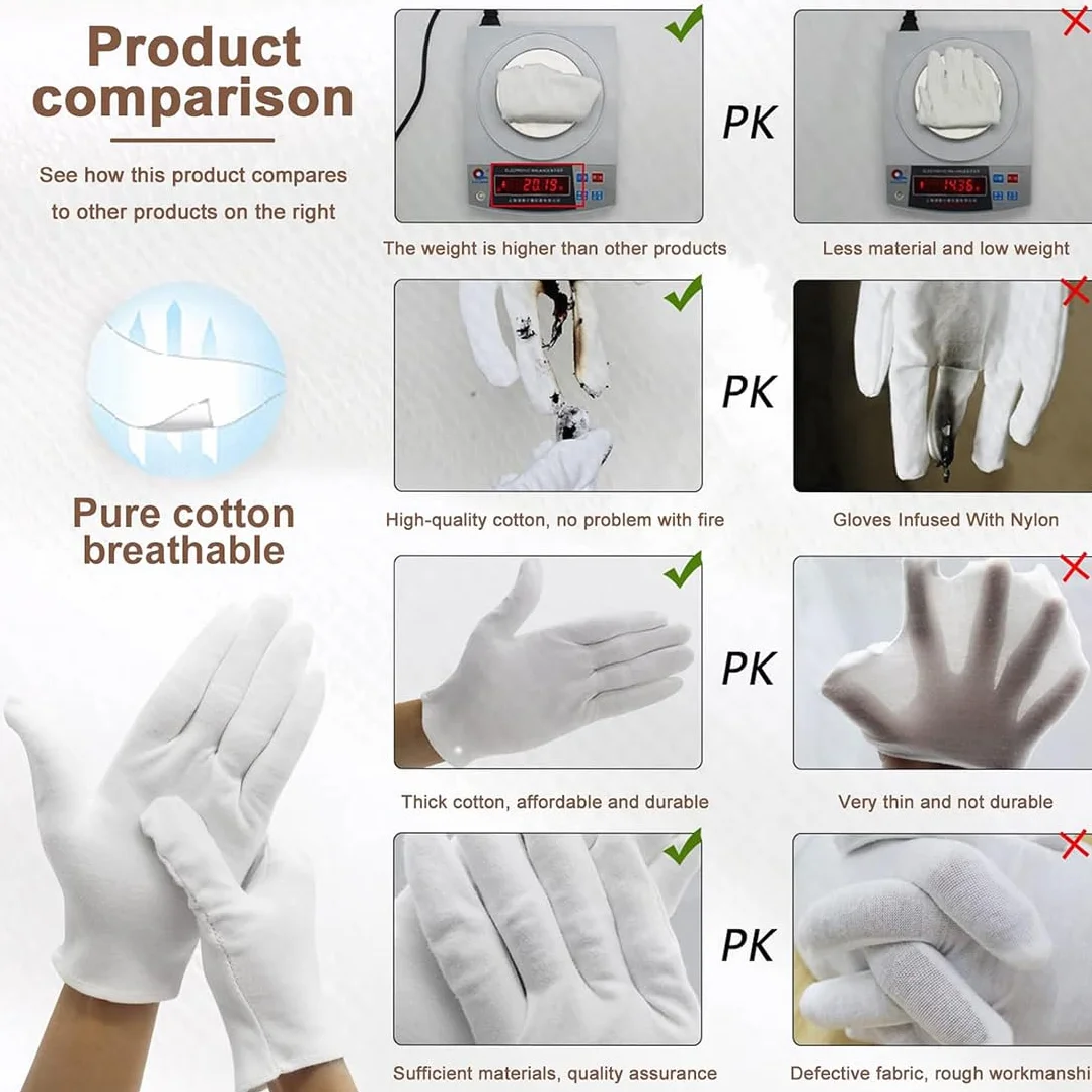 Guanti Bianchi Cotone, 9 Paia Guanti di Cotone Bianco, Morbidi e Flessibili, per Mani Secche, Dermatologici, Idratanti, Gioielli Lavoro