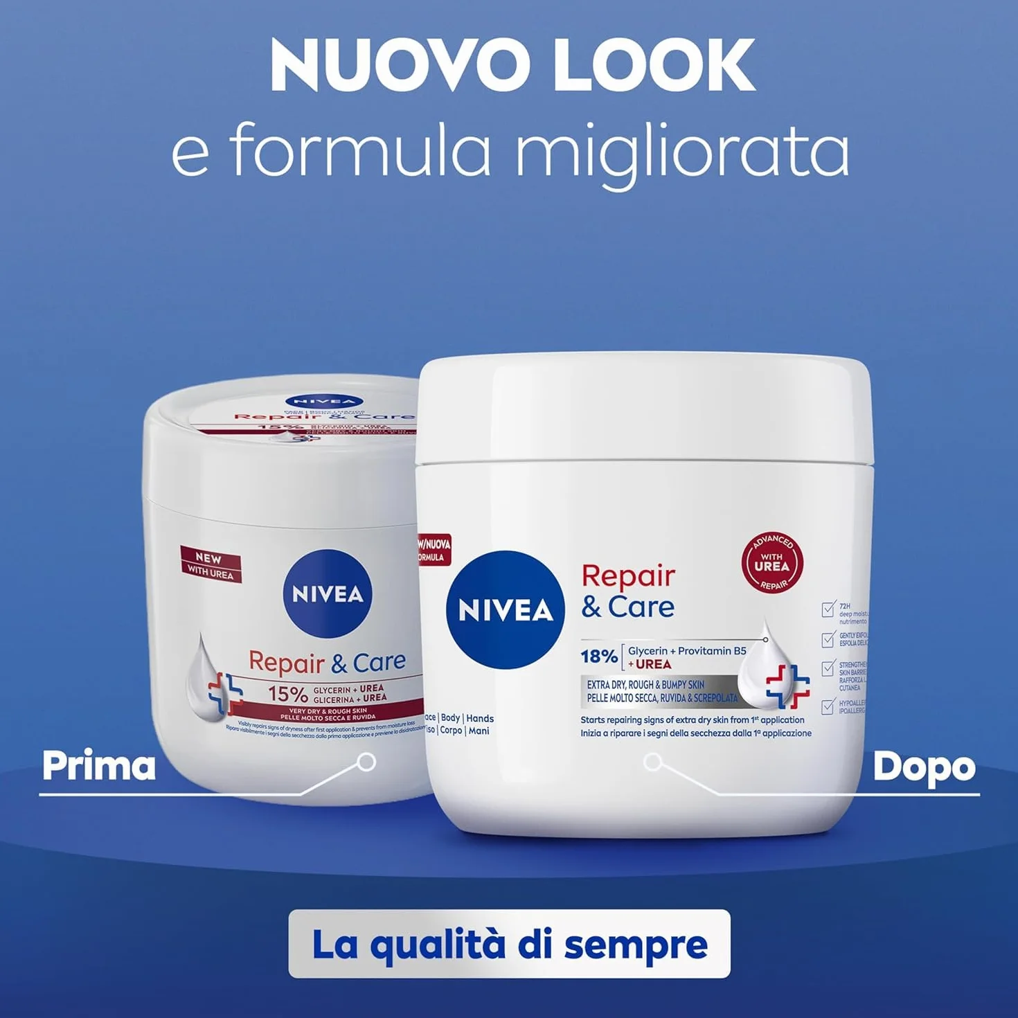 NIVEA Repair & Care Urea 400 ml, Crema corpo idratante pelle secca, molto secca, ruvida e screpolata, Crema multiuso per corpo, viso e mani nutriente 72H con 15% Glicerina e Urea