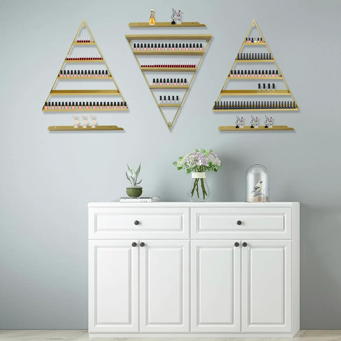 Set di 6 Porta Smalti Triangolari Dorati, Portaoggetti per Cosmetici, Supporto A Parete Multifunzionale per Salone, Negozio E Casa