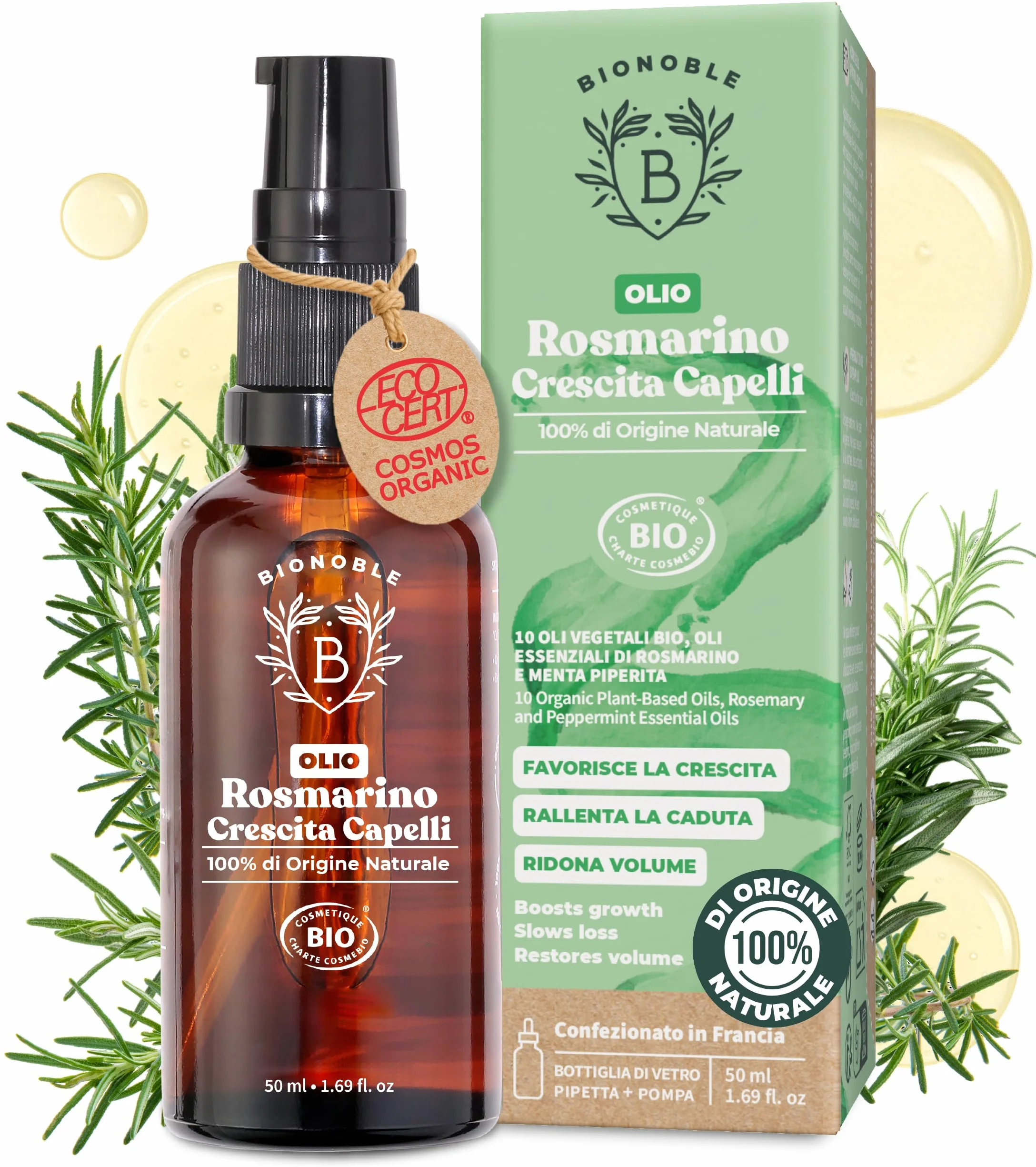 BIONOBLE Olio di Rosmarino per Capelli Bio 50ml - Stimola Crescita, Nutre il Cuoio Capelluto