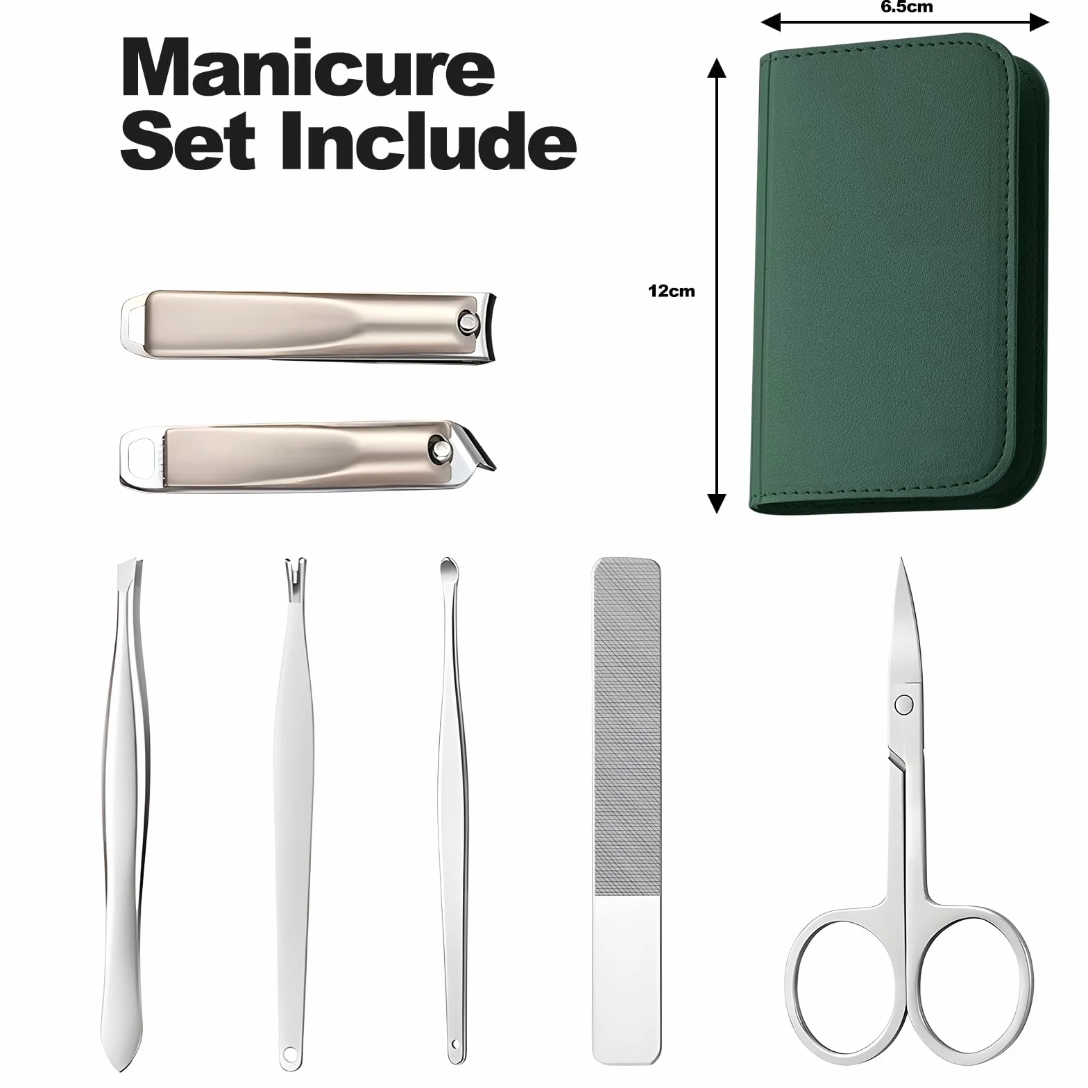 Kit Manicure 7 Pezzi Verde Giada con Astuccio – Forbici Unghie, Tagliaunghie, Lima Vetro