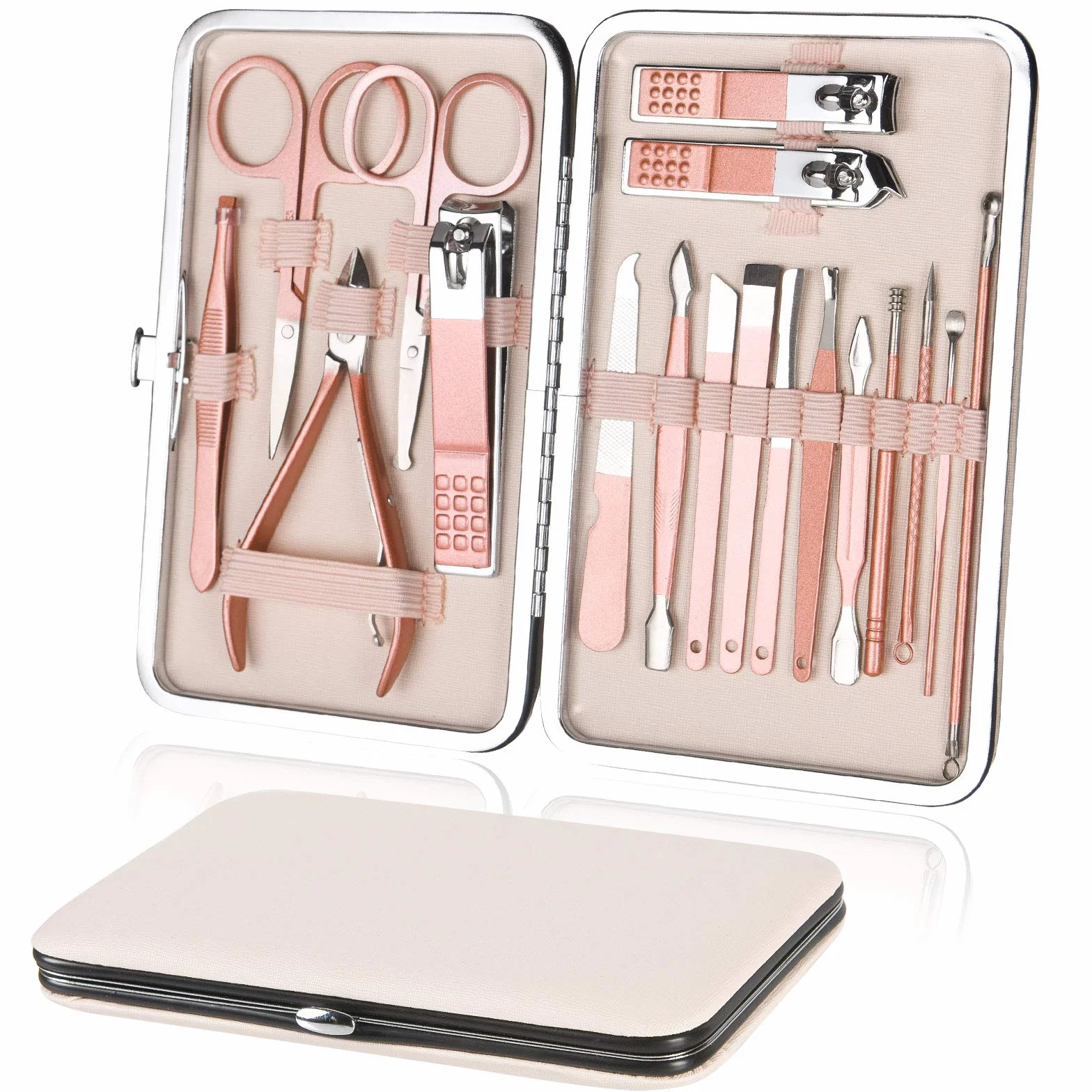 URAQT Tagliaunghie Set Professionale, 18 Pezzi Grooming Kit Strumenti per Manicure, Grooming con Bella Box (Oro Rosa)