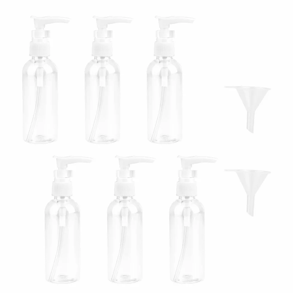 6 Pezzi Bottiglie da Viaggio Trasparenti 100ML / 3.4OZ Pompa in Plastica Dispenser per Lozione Vuote con 2 Piccoli Imbuti
