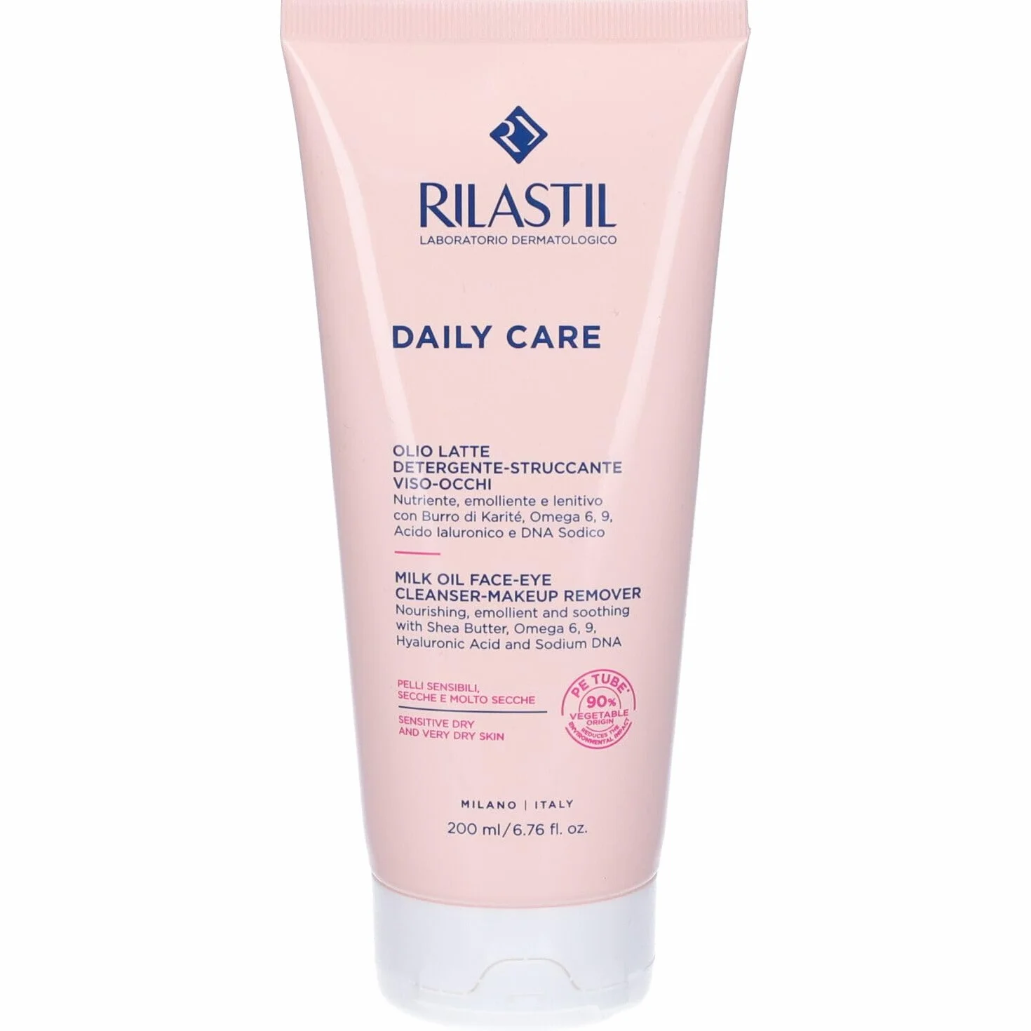Rilastil Daily Care Olio Latte Detergente Viso e Occhi, Detergente Struccante Nutriente per Pelli Sensibili e Secche, Emolliente e Lenitivo con Burro di Karité, Acido Ialuronico, Confezione da 200ml