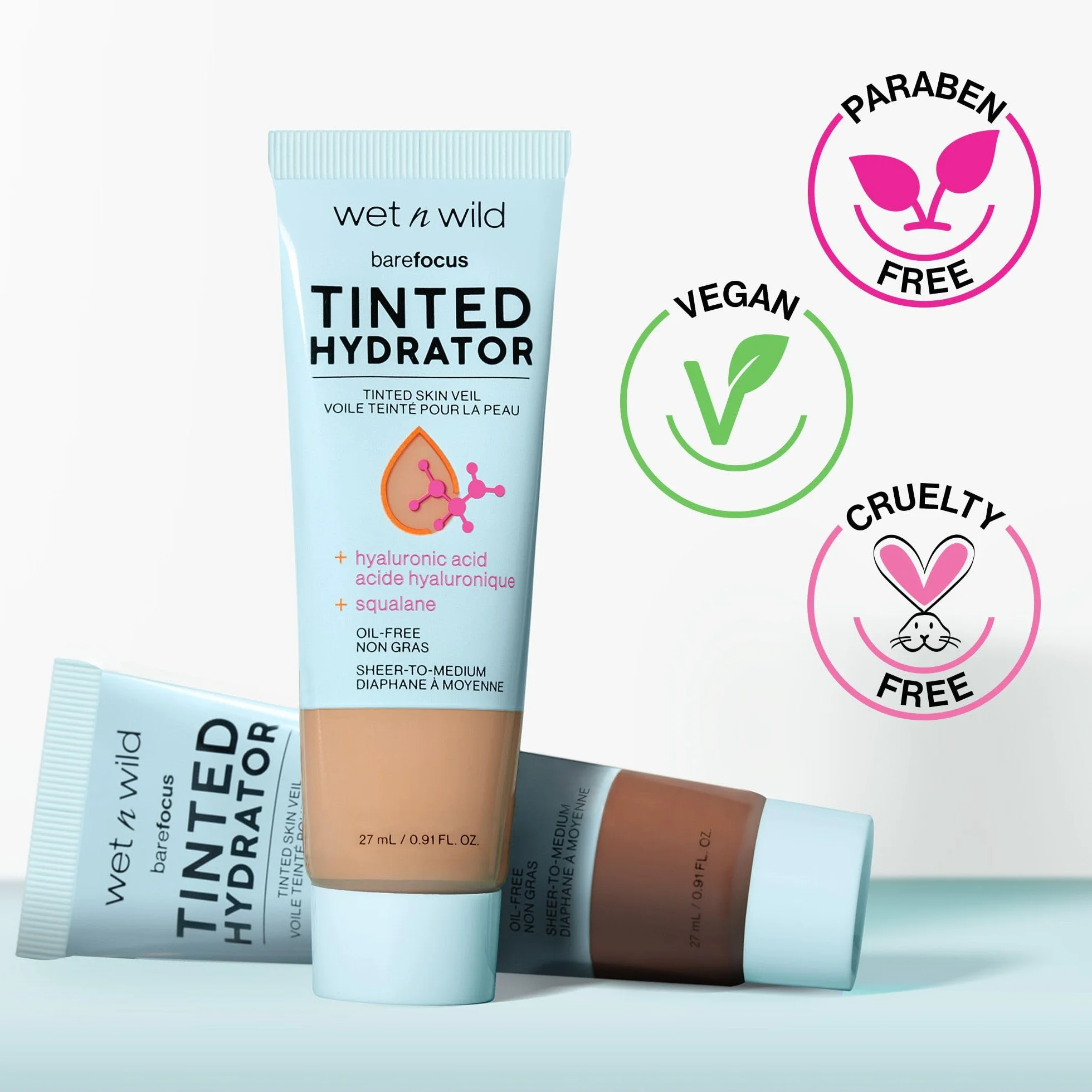 Wet n Wild, Bare Focus Tinted Hydrator, Crema Viso Colorata Idratante con Acido Ialuronico e Squalano Vegano, Texture Leggera, Copertura Media e Finish Matte Luminoso, Light Medium
