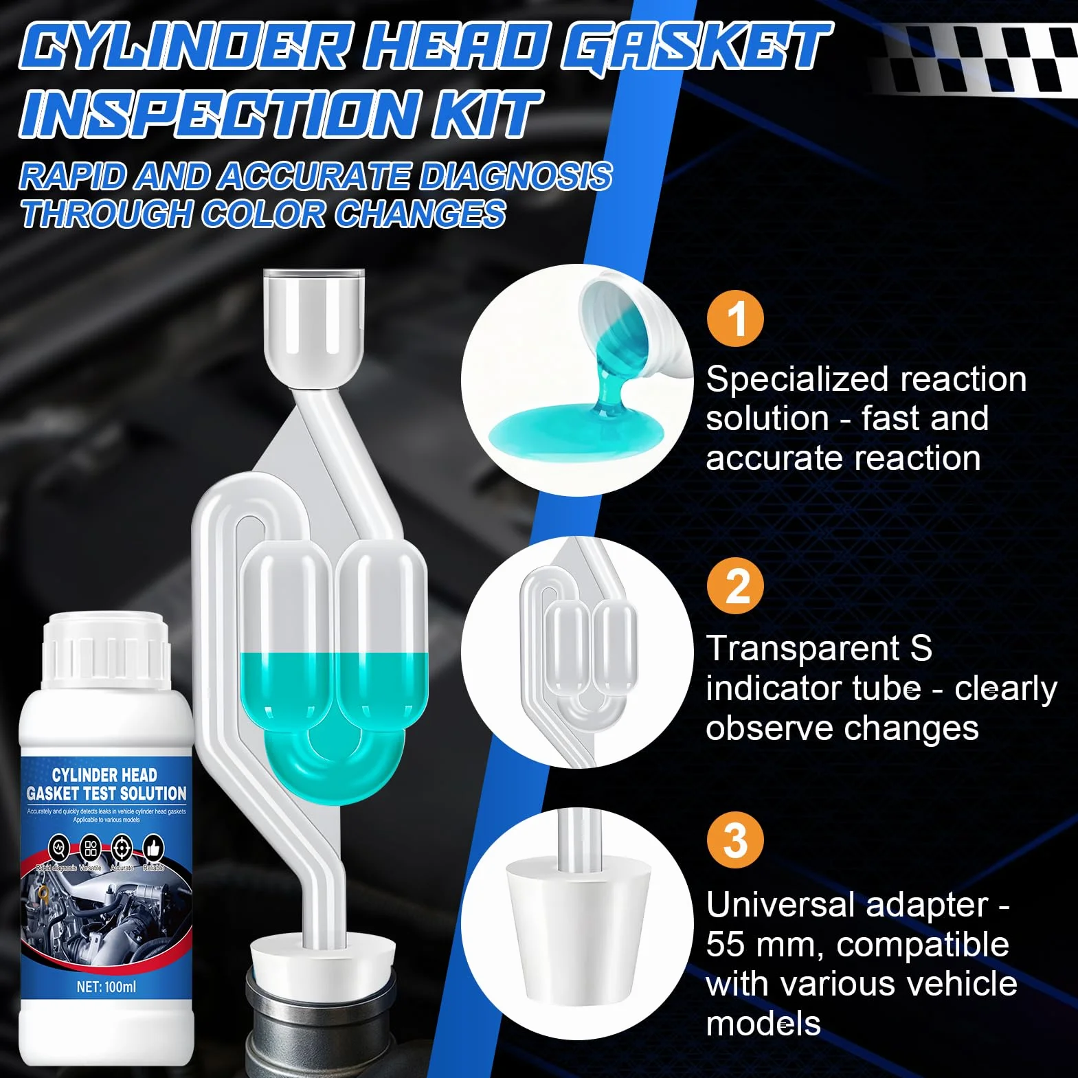 Tester di Guarnizione a Testa Cilindrica CO2 - Kit Universale Rilevatore di Perdite CO₂ per 50 Test Auto Moto