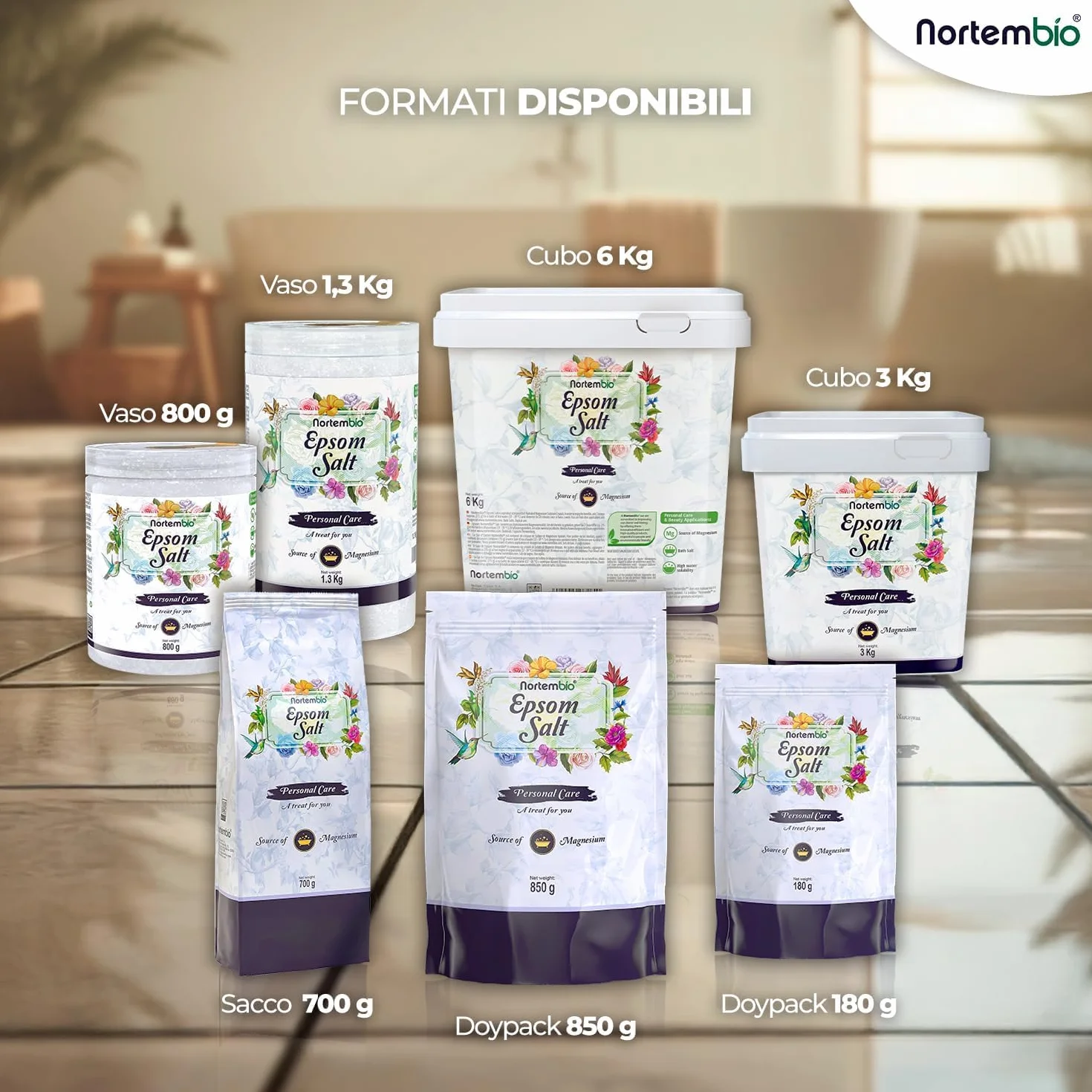 Nortembio Sali di Epsom 100% Puri 700 g – Fonte Concentrata di Magnesio | Per Pelli Sensibili | Con Vitamine C ed E Idratanti | Senza Additivi, Uso Esterno Naturale + E-Book Gratuito