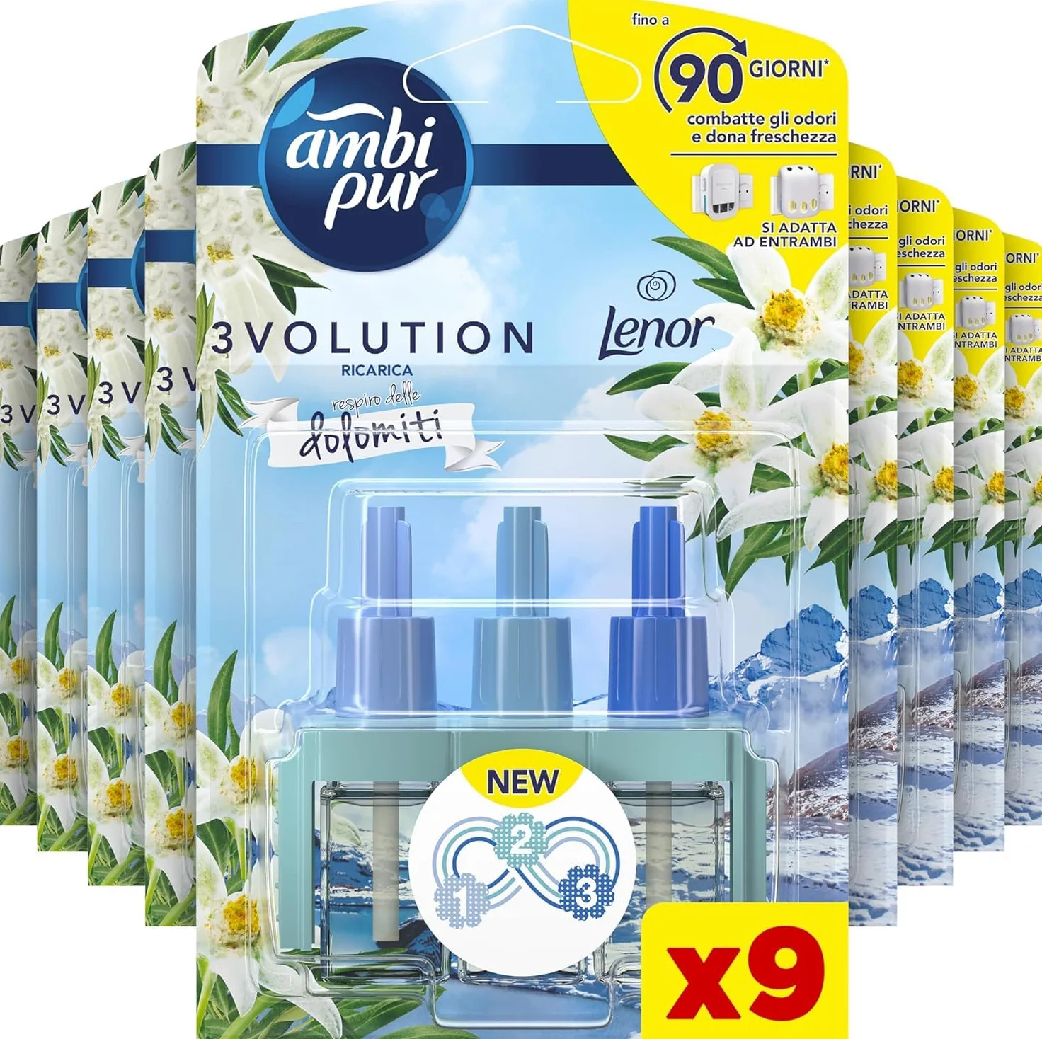 Ambi Pur 3Volution Profumatore per Ambienti, 9 Ricariche per Diffurore Elettrico, Fragranza Dolomiti, tecnologia Elimina Odori, Fino a 90 Giorni di Profumo per Ricarica