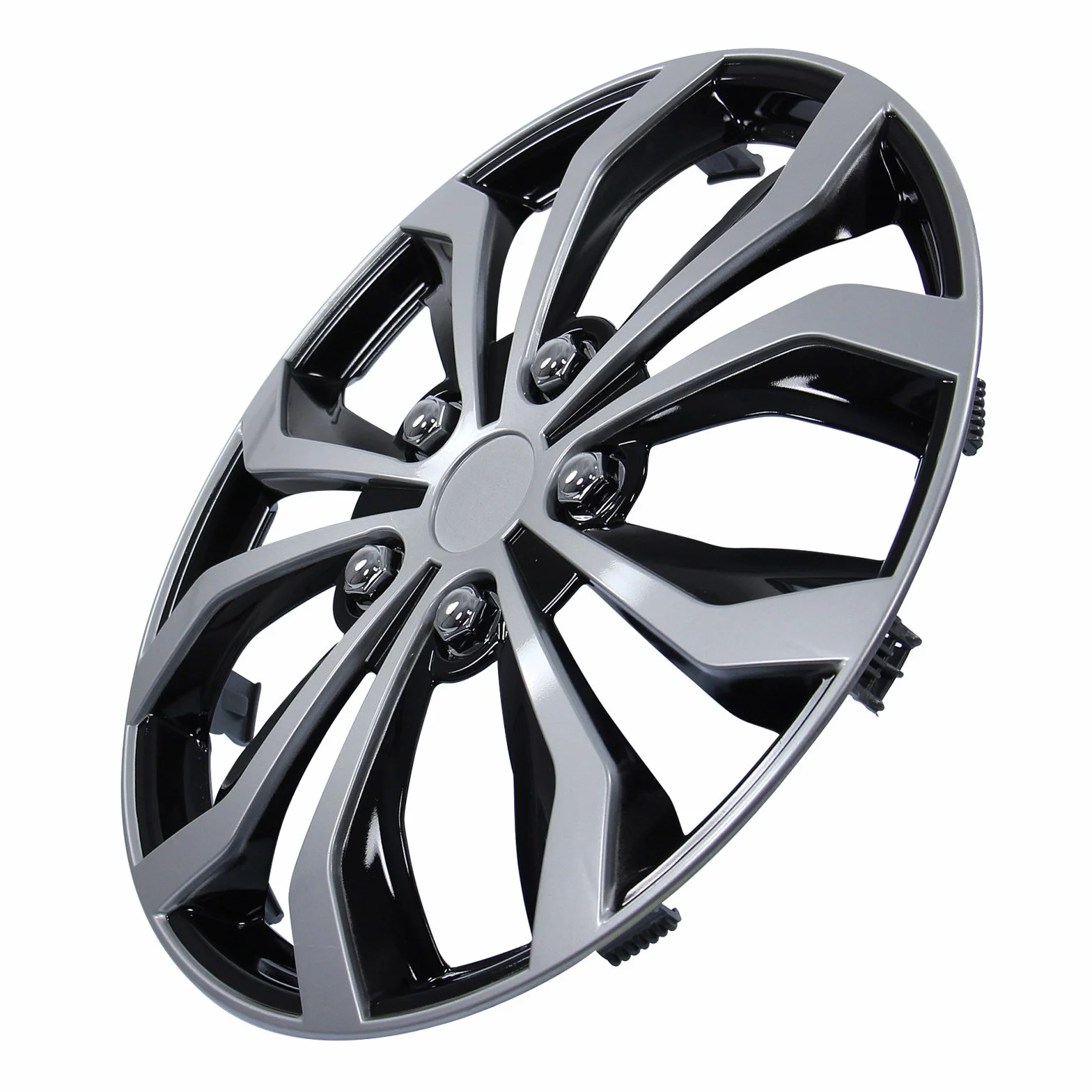 Cartrend 75568 Daytona - Coprimozzi per ruote auto, Fissaggio a 6 piedi con anello, Nero/ Argento, 15" (38.1 cm), Set di 4