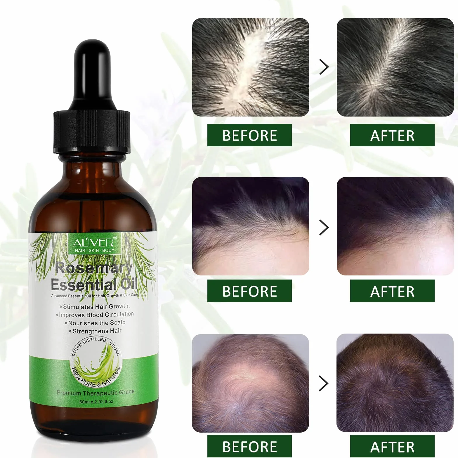 Olio Essenziale di Rosmarino Puro 100% 60ml per Capelli e Cura della Pelle