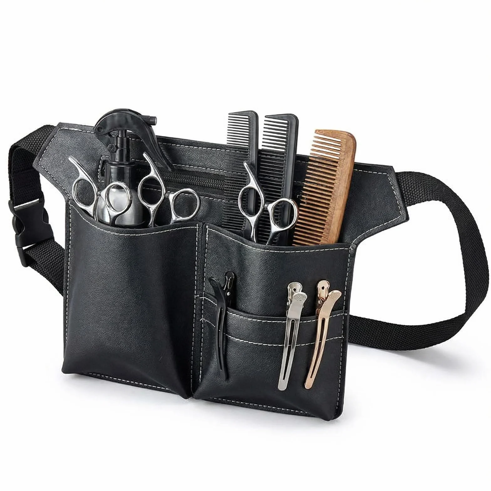 Borsa da Parrucchiere in Pelle PU, Cintura Porta Utensili Professionale per Salone di Parrucchiere, Borsa per Forbici Portatile Grande Taglia Nero per Pettini e Utensili da Parrucchiere