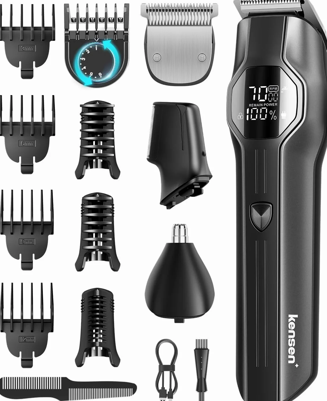 kensen Trimmer Barba Uomo Tutto in Uno, Trimmer Multistyle 12 in 1 210 Mins Autonomia Trimmer Corpo、Capelli、Naso Rasoio Barba Impermeabile IPX7 USB-C Display LED Per Testa Ai Piedi 6000/7000 giri/min