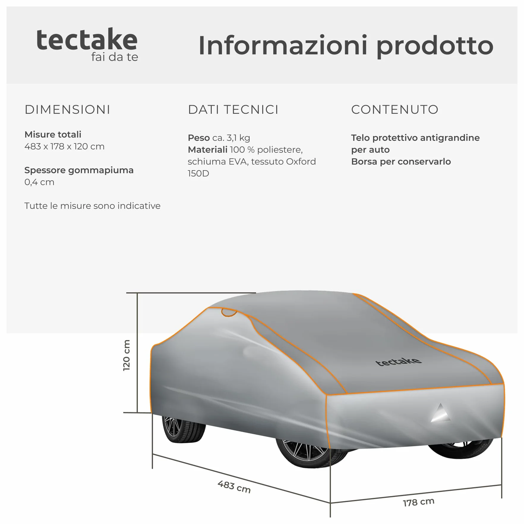 Copriauto Antigrandine Impermeabile Strato Gommapiuma 4 mm 3 Cinghie Tensione Regolabili L (483x178x120 cm)