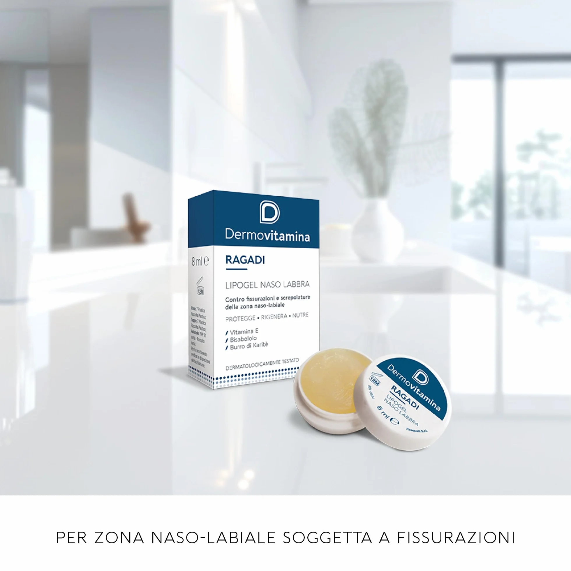 Dermovitamina Ragadi Naso Labbra - Lipogel per Naso e Lembi Screpolati - Balsamo Labbra Riparatore - Idrata e Nutre in Profondità - Formula Delicata Senza Aroma - 8 ml