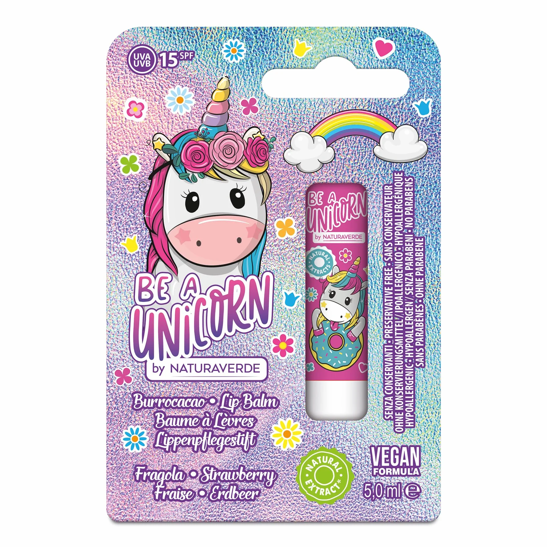 NATURAVERDE Kids -BE A UNICORN Burrocacao Fragola 5ml, Idratante e Protettivo, SPF 15, Ipoallergenico