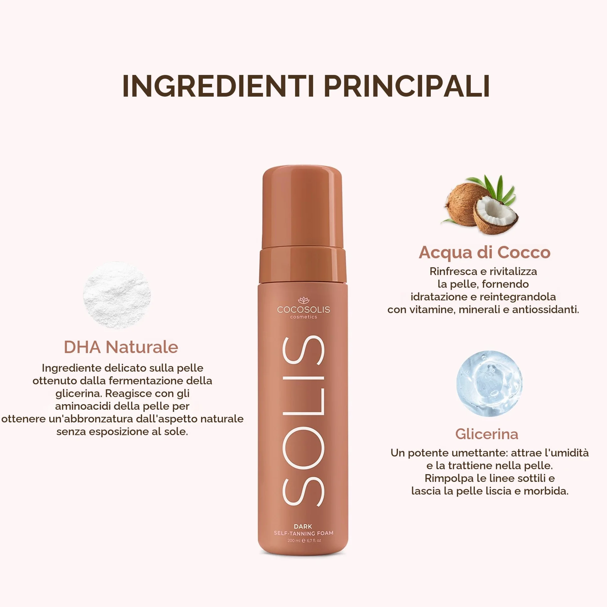 COCOSOLIS SOLIS Dark Autoabbronzante per viso e corpo, mousse per unabbronzatura naturale e di lunga durata, con DHA vegetale (200 ml)