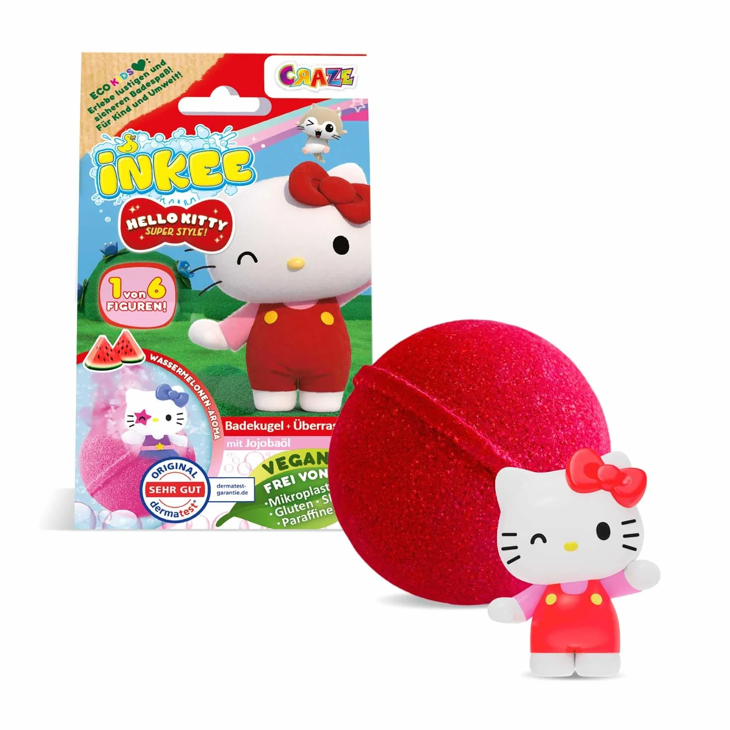 INKEE Hello Kitty – Bomba da bagno per bambini con sorpresa – 1 di 6 personaggi Hello Kitty da collezionare – Palla da bagno 80 g con aroma di anguria e olio di jojoba, rosa o rosso