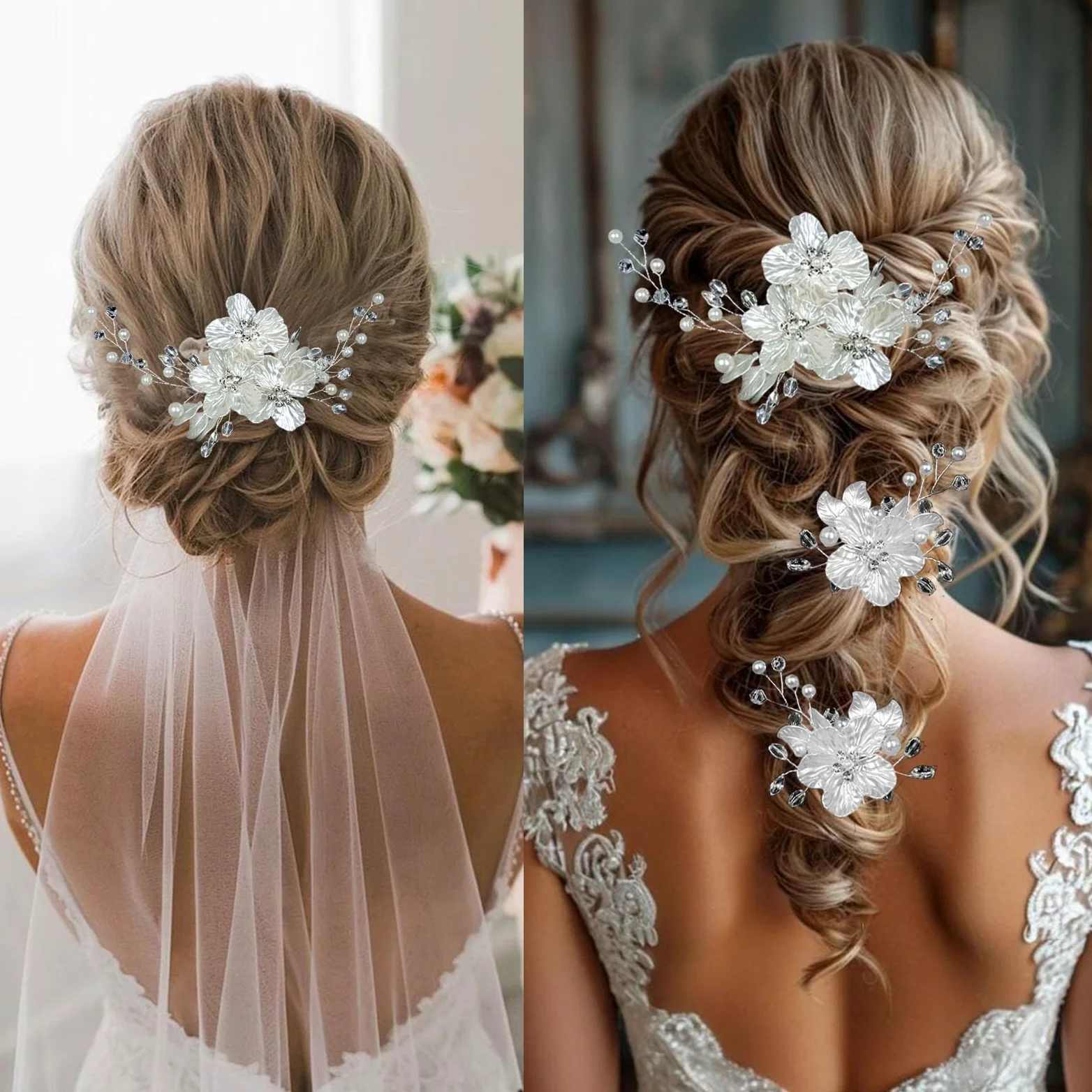 3 forcine per capelli da sposa con perle di cristallo, accessori per capelli da sposa, gioielli con strass, glitter in rilievo fiore bianco