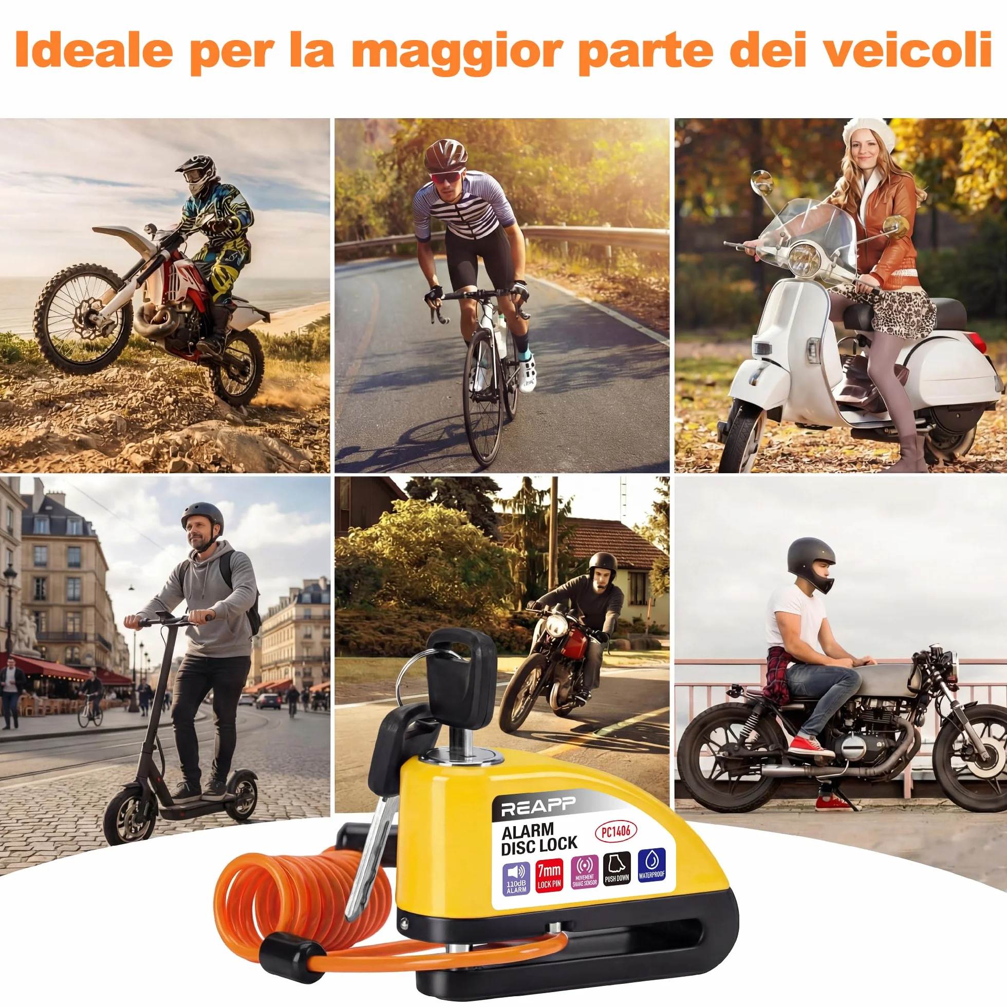 REAPP Lucchetto Moto Antifurto con Allarme Sonoro 110DB, Blocca Disco per Bici Motorino Moped Motocross, 2 Chiavi