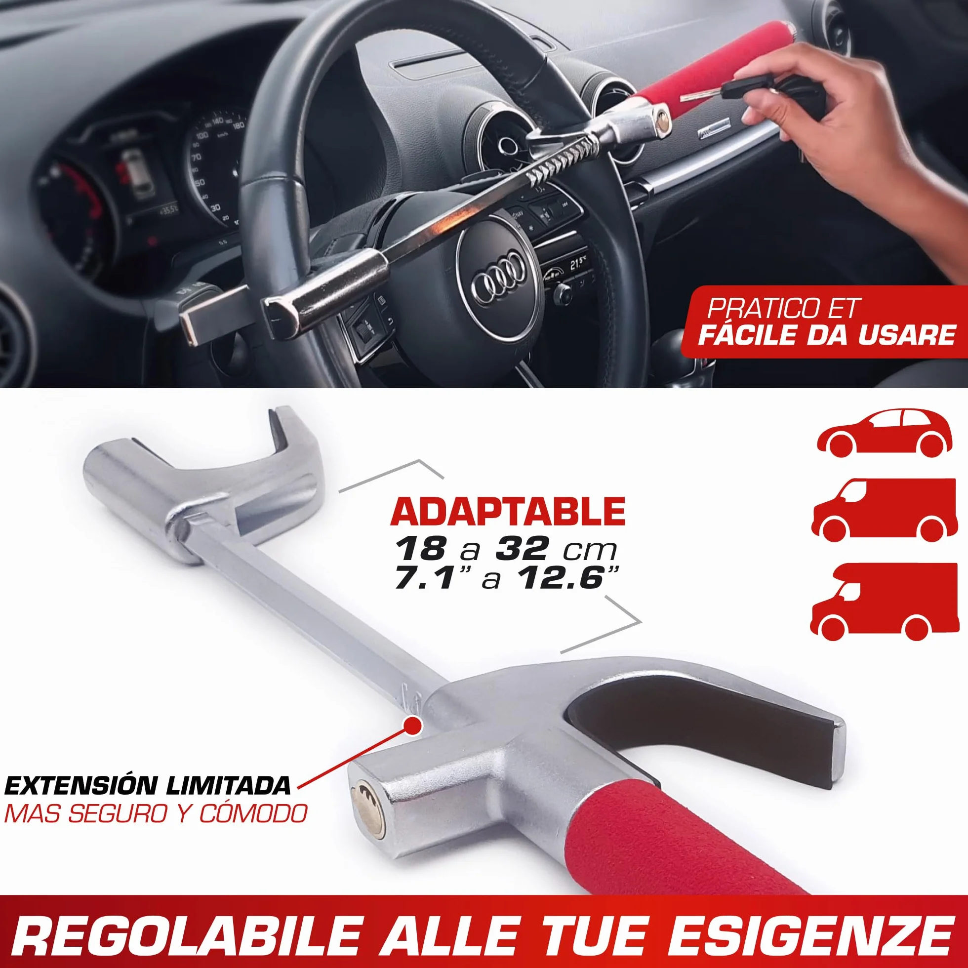 RADIKAL RK1002 Antifurto Auto Blocco Volante Bloccasterzo Meccanico Universale