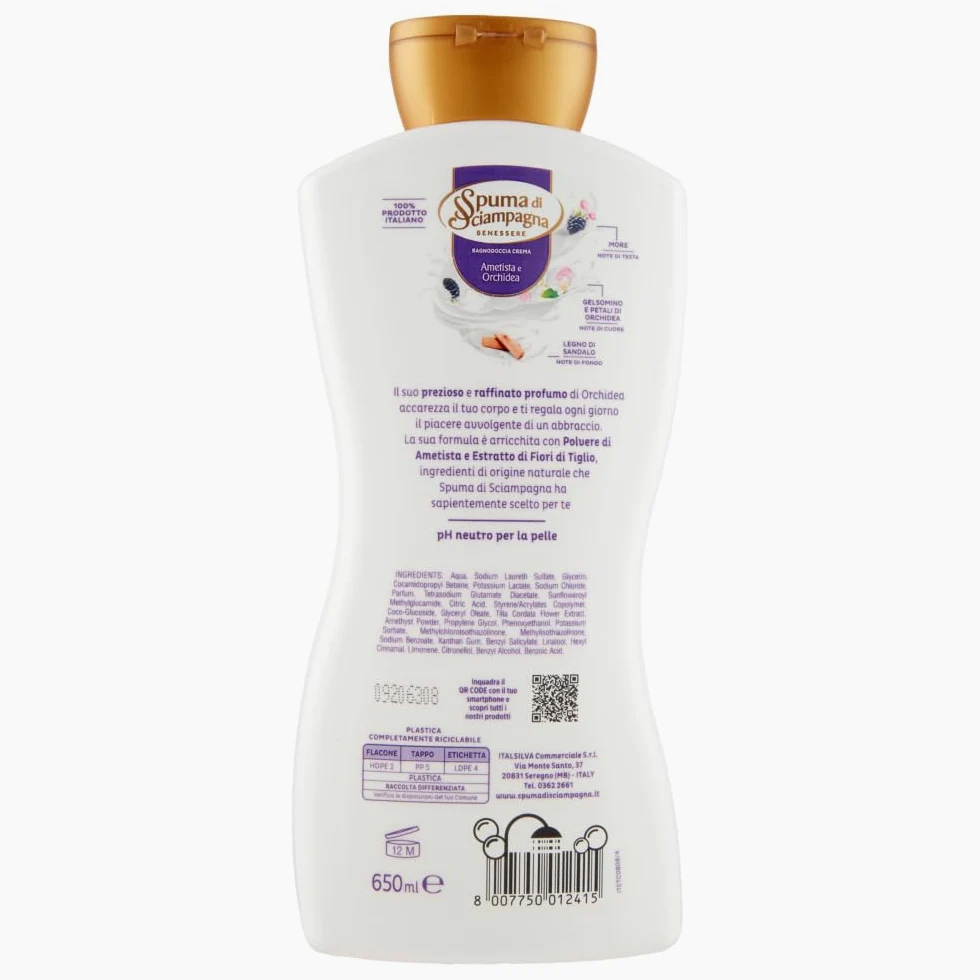8 x Spuma di Sciampagna Bagnodoccia Crema Rigenerante – Gel doccia con ametista e orchidea – Cura del corpo e lavaggio 650 ml + portachiavi Beni Culinari