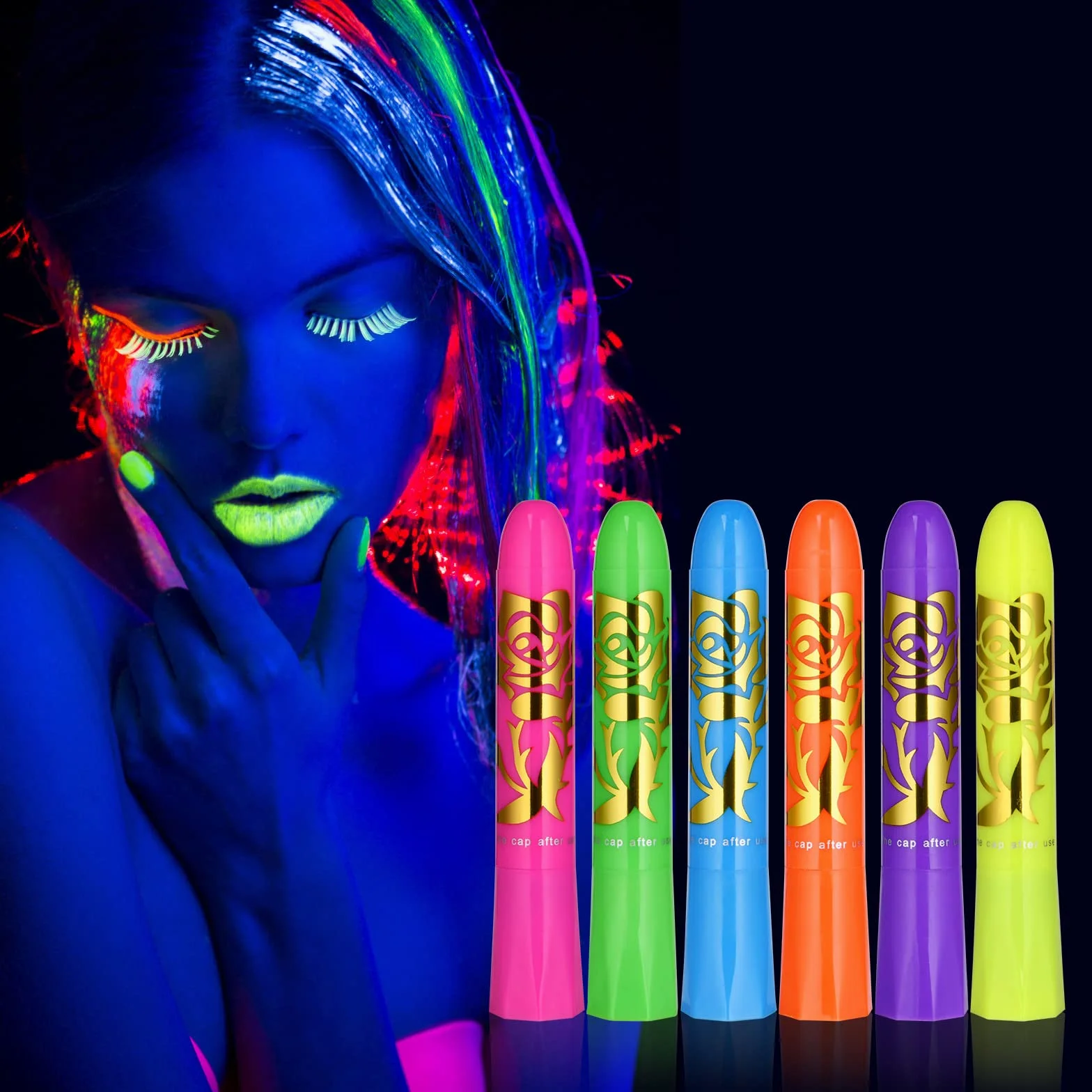 AOOWU Fluorescenti Matite Trucco per Viso e Corpo, 6 Colori Lavabile UV Fluorescente Colorato Neon Kit, Pittura Corpo Sicuro e Non Tossico per Feste di Compleanno, Cosplay, Halloween e Natale