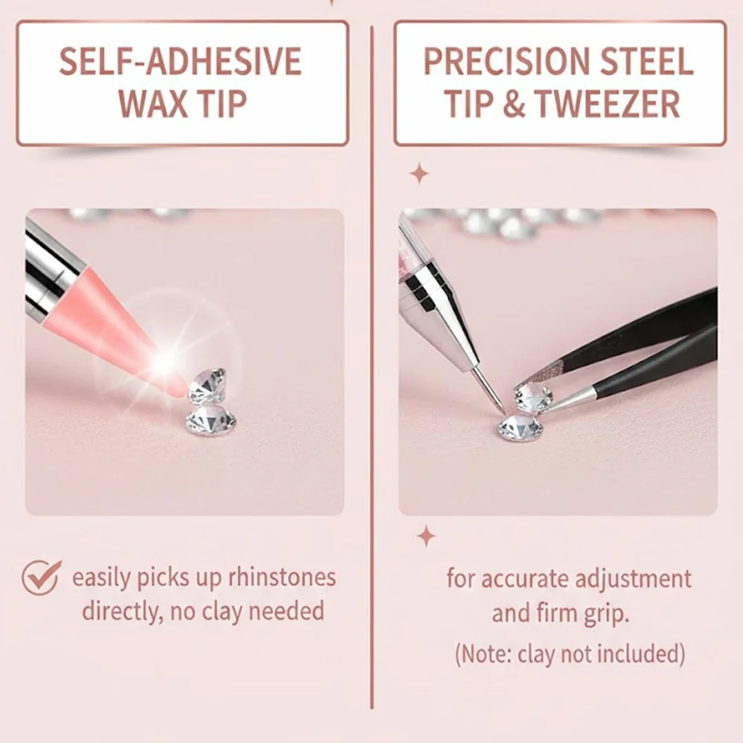 2 Set Penna di Cera per Strass Unghie con Punte di Ricambio e Pinzetta, Penna per Nail Art di Precisione, Brillantini Unghie, Strass Nail Pen per Decorazioni Unghie e DIY