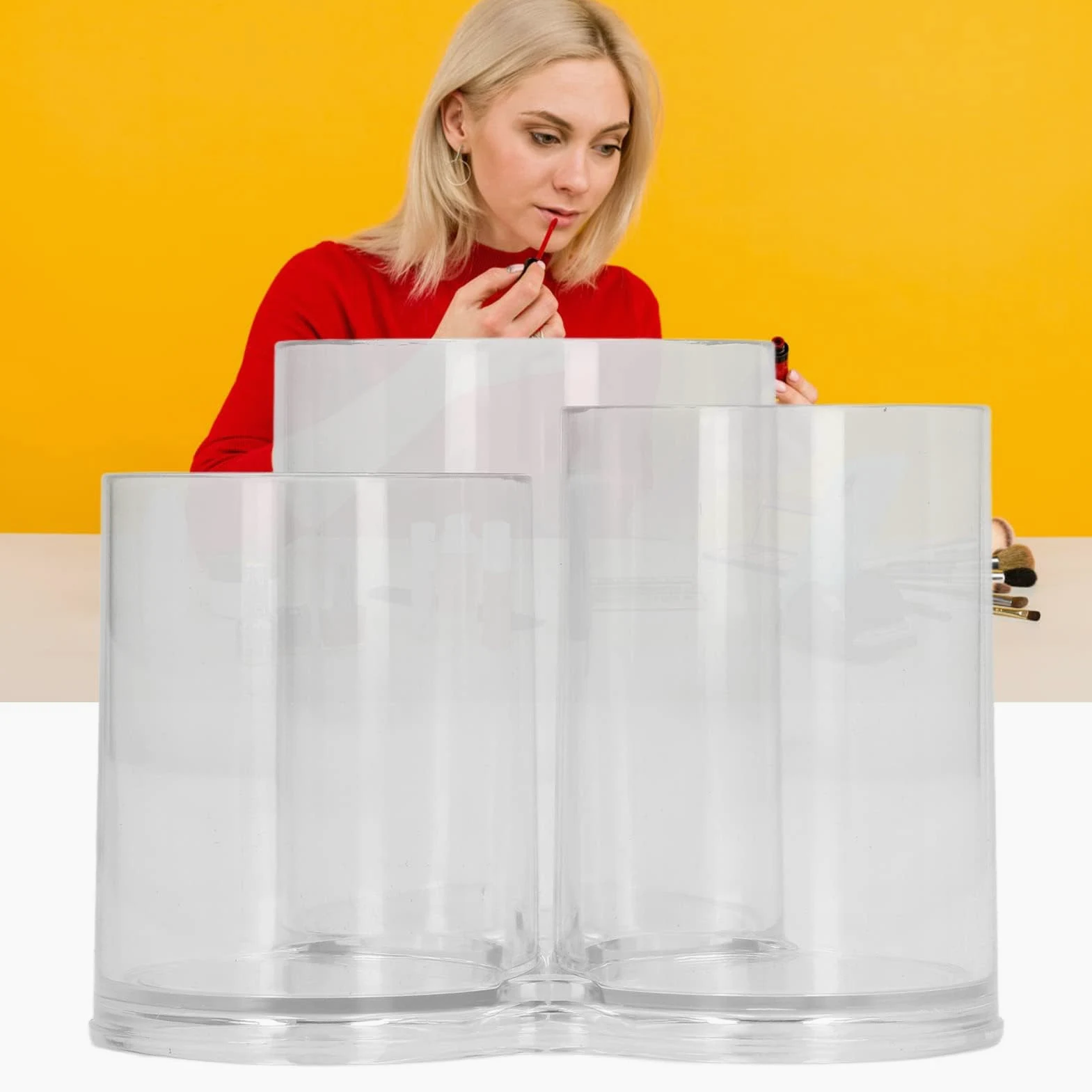 TOPINCN Portapenne in acrilico, contenitore rotondo trasparente per pennelli da trucco, tazze da scrivania per utensili, organizer cilindrico in plastica per cosmetici, per fondotinta, rossetto, per