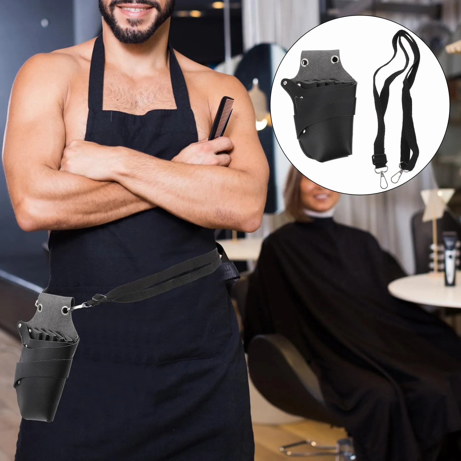 Marsupio Porta Forbici Parrucchiere Professionale in Pelle Pu Nero, Leggero e Portatile, per Saloni di Bellezza