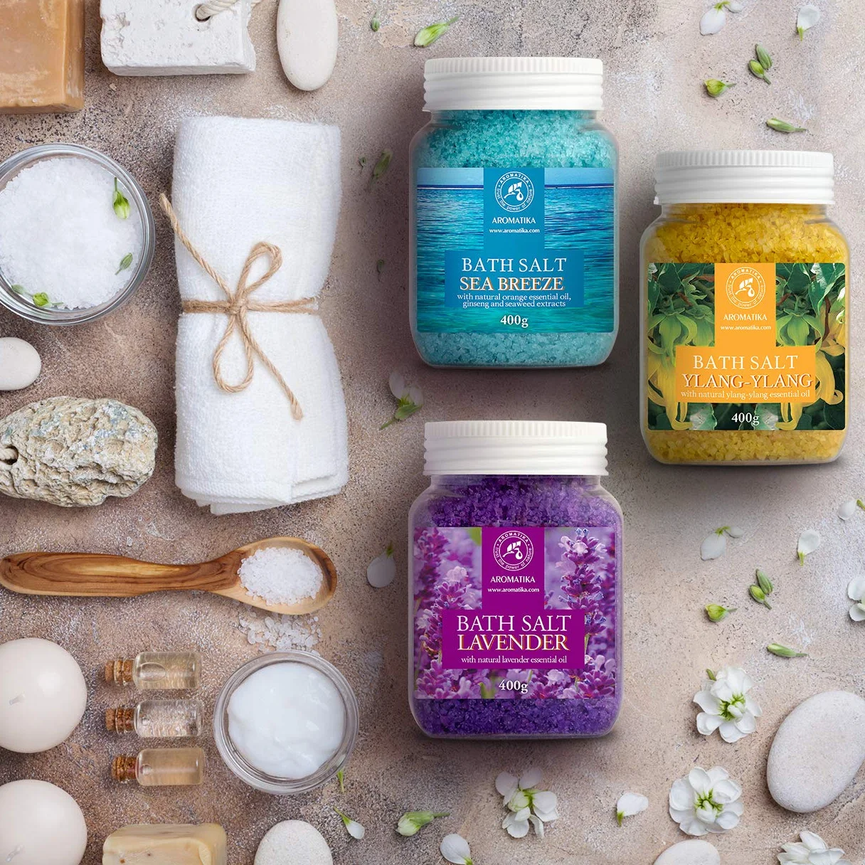 Set Sali da Bagno di Lavanda - Brezza Marina - Ylang-Ylang - Naturale al 100% - Ideale per Dormire Bene - Antistress - Cura del Corpo - Benessere - Bellezza - Rilassamento - Spa