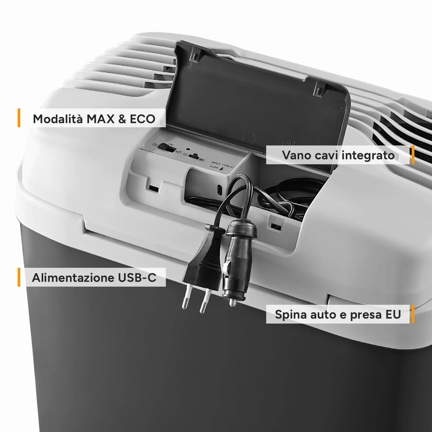 First Austria Frigo Portatile Elettrico 24L Tripla Alimentazione USB-C PD 3.0 52W Caldo Freddo Auto Camping Nero Grigio Chiaro