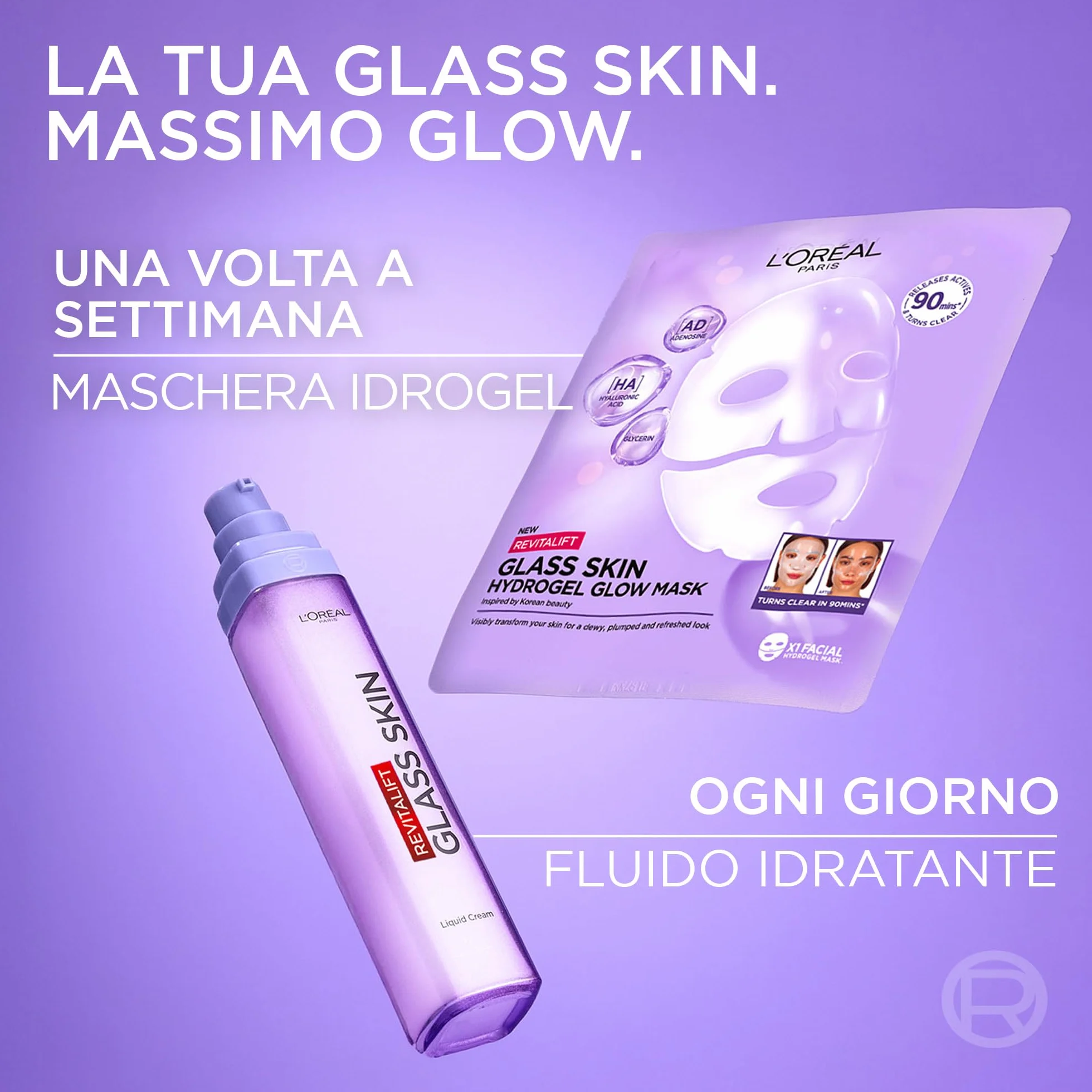 L'Oréal Paris Glass Skin Maschera in Idrogel, Per Tutti i Tipi di Pelle, Pelle Luminosa e Radiosa, Risultati Istantanei, Trend Coreana, Con Acido Ialuronico e Centella Asiatica, Revitalift, 1x37gr
