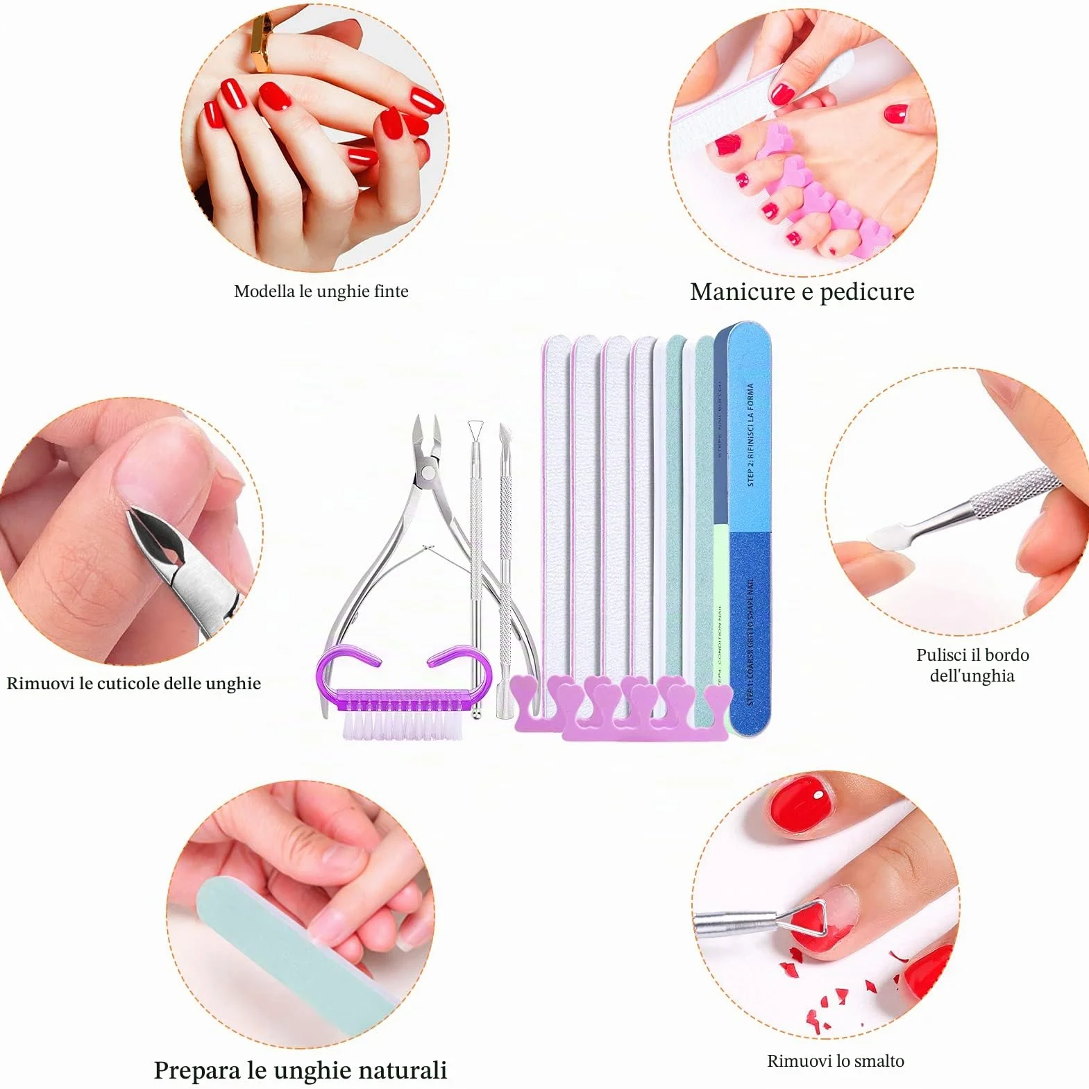 13pcs Lime e Buffer per Unghie, Spingi Cuticole Raschietto con Tronchesino per Unghie Professional e Spazzola Unghie per Manicure e Unghie Salone