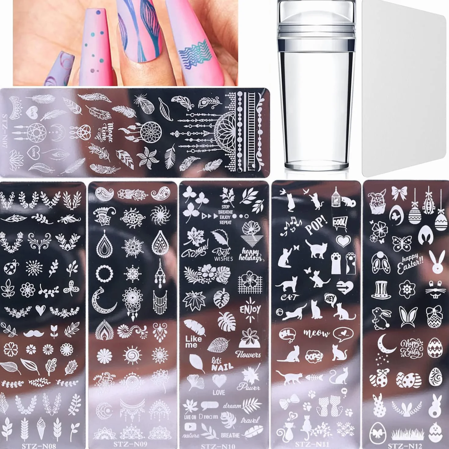 Set di 6 piastre per nail art, con 1 timbro trasparente, 1 raschietto (acchiappasogni, erba, motivi, foglie, coniglio, gatto)