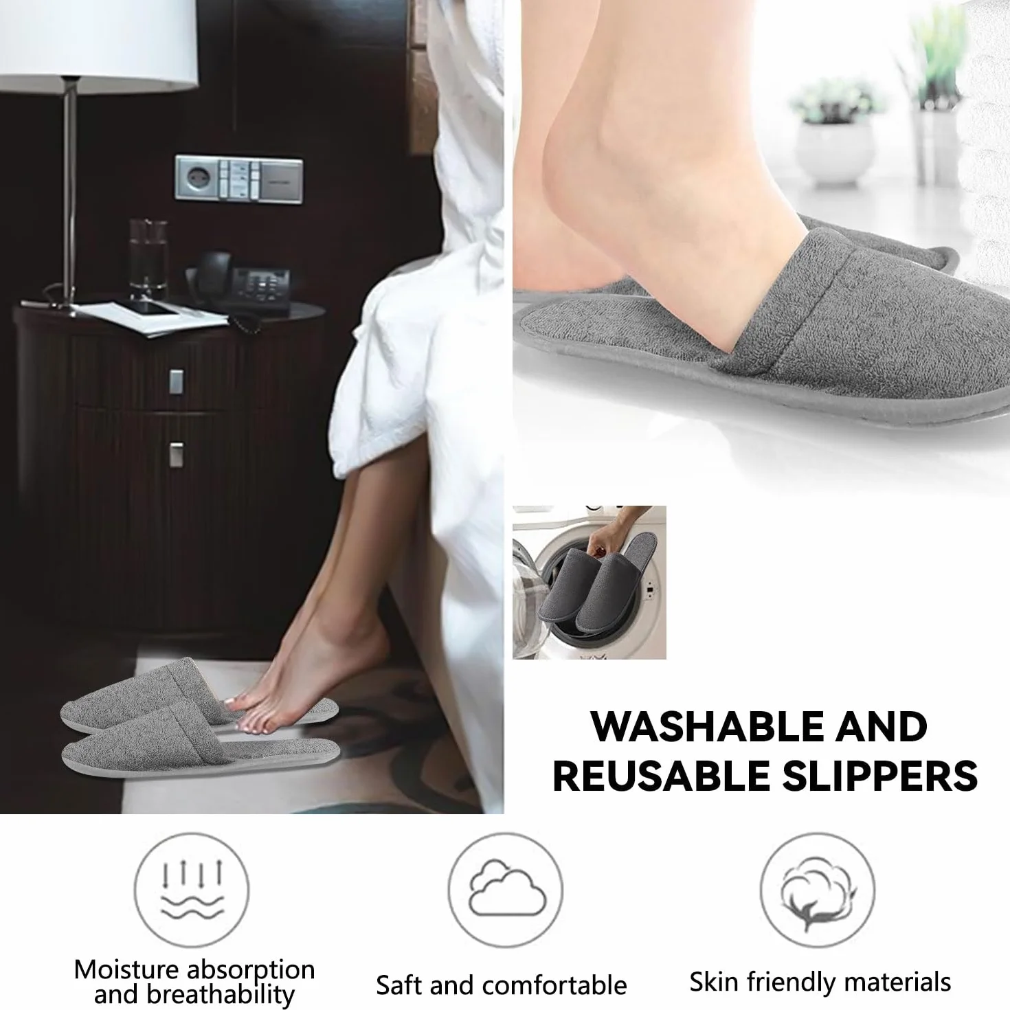 Pantofole Usa e Getta Antiscivolo, Ciabatte Ospiti, Pantofole Chiuse, Ciabatte Monouso per Hotel, Casa, Viaggi, Misura Universale, Grigio+Bianco, 4 Paia