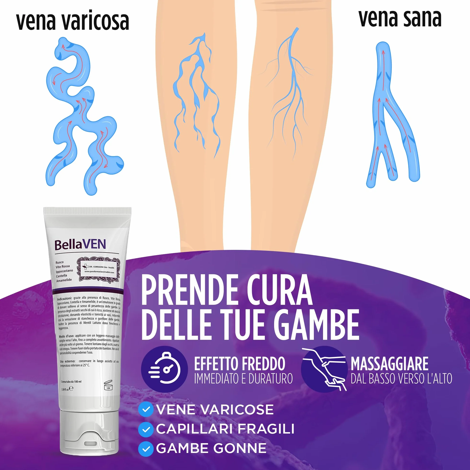 Dr. Corradini Crema Vene Varicose e Capillari con Rusco Vite Rossa Ippocastano Centella e Amamelide 100ml
