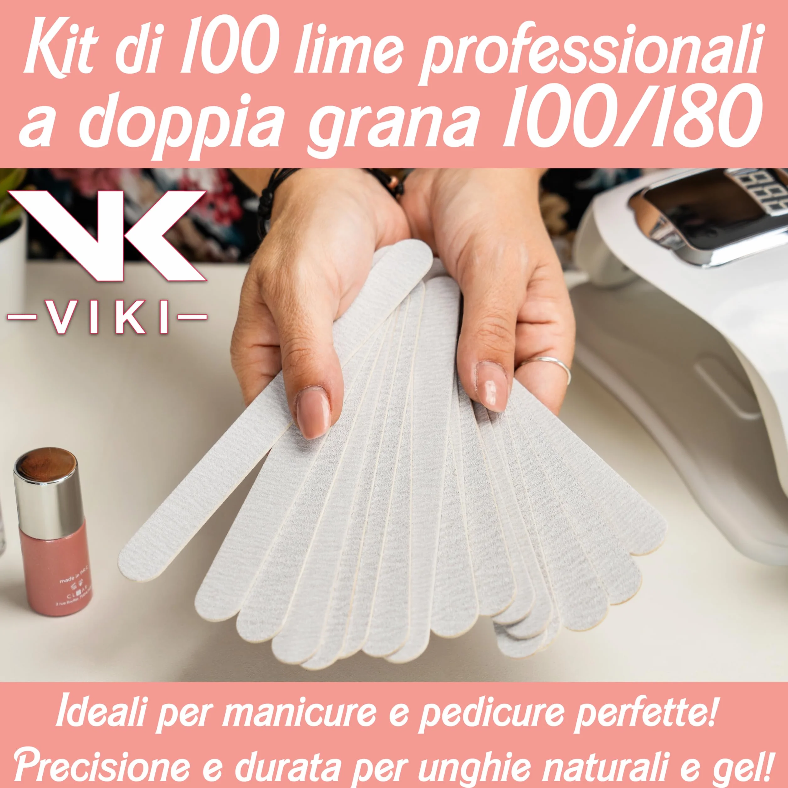 VIKI Set 100 Lima Unghie Professionale 100/180 Doppia Grana, Lime Unghie per Manicure e Pedicure, Unghie Naturali, Gel, Acrilico e Semipermanente, Lime Delicate e Resistenti ideale per centri estetici