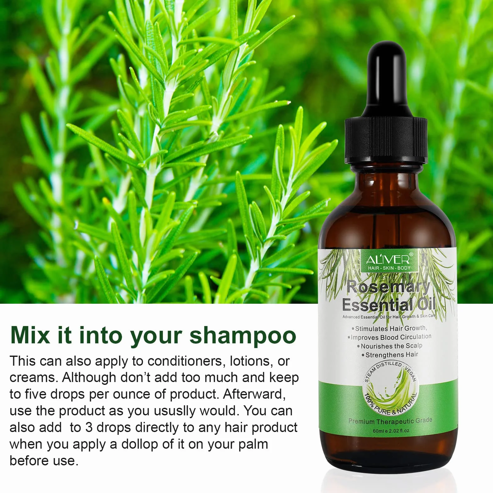 Olio Essenziale di Rosmarino Puro 100% 60ml per Capelli e Cura della Pelle