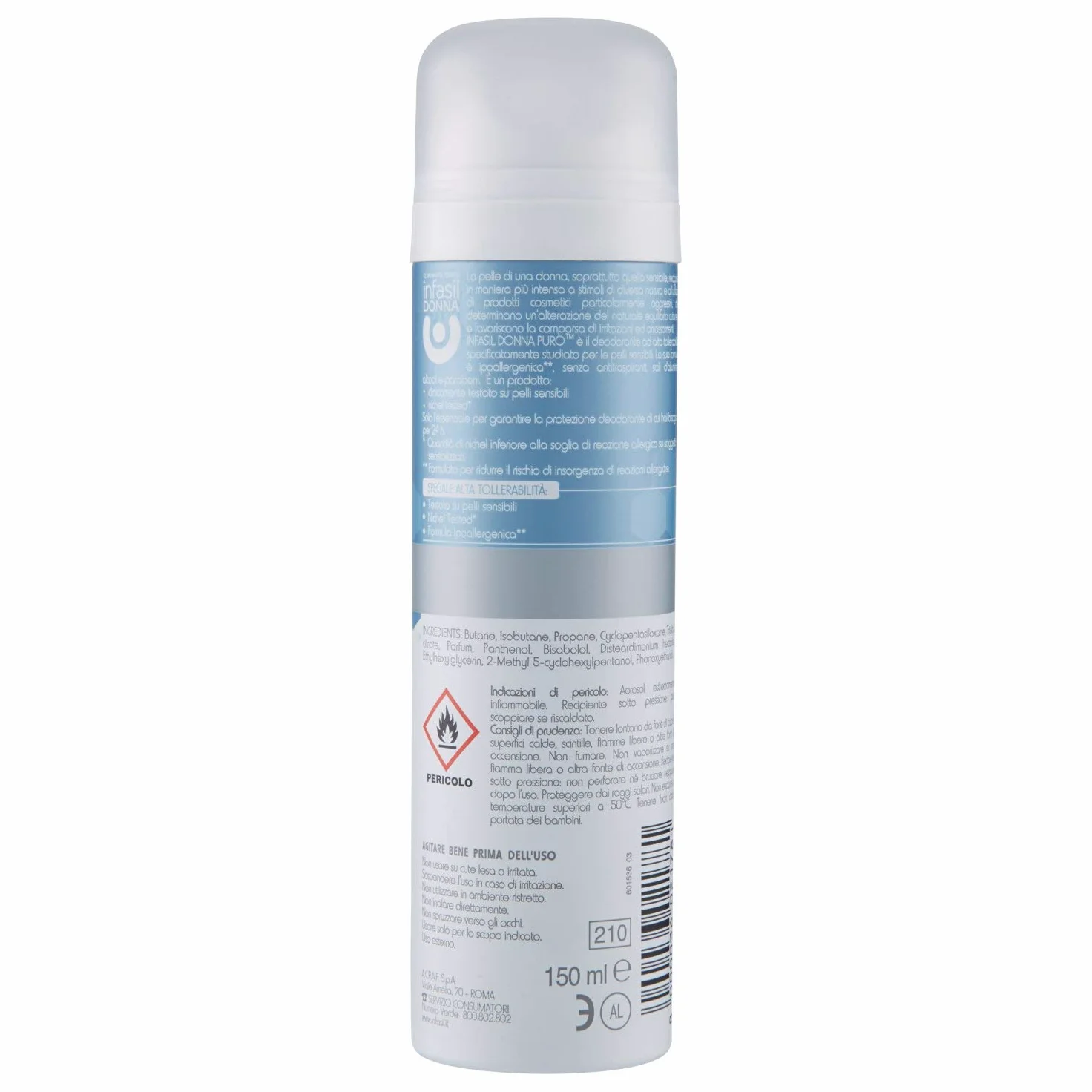 Infasil Deodorante Spray Donna Puro per Pelli Sensibili, Senza Sali di Alluminio e Senza Alcol, Nichel Tested, 150 ml (Confezione da 5)
