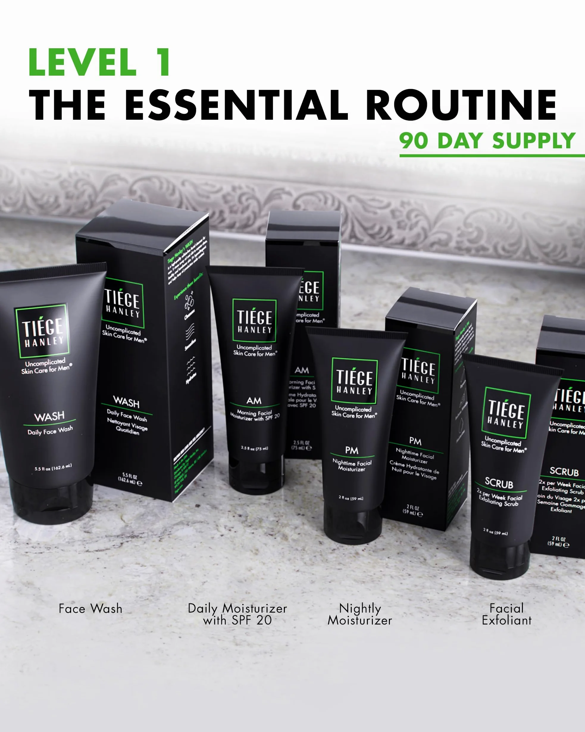 Tiege Hanley Routine Essenziale Di Cura Della Pelle Da 90 Giorni Per Uomo (Livello 1) - Leviga, Idrata E Proteggi La Tua Pelle Il Set Per La Cura Della Pelle Maschile Include Detergente Per Il Viso