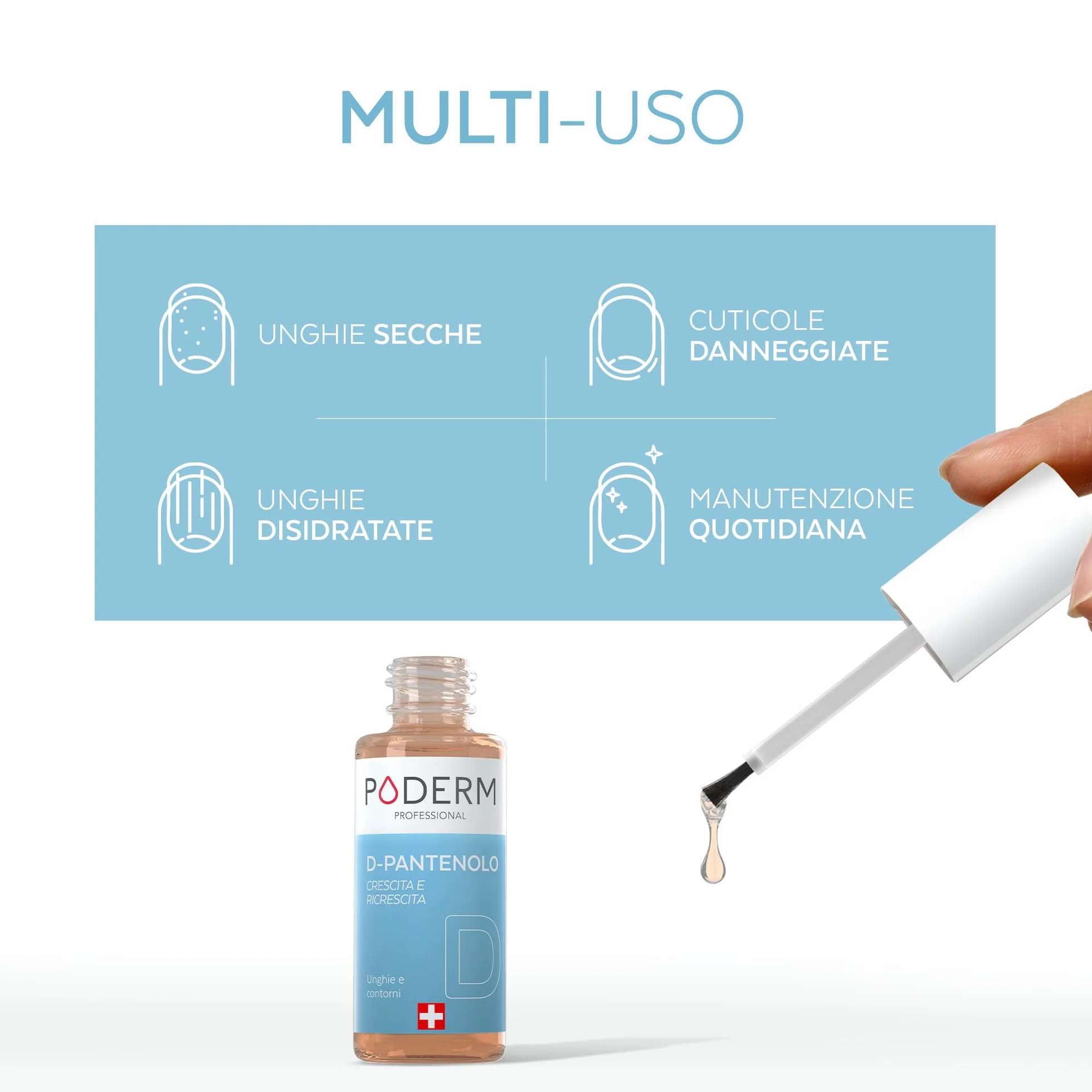 Poderm 5 in 1 Siero Booster Unghie - D-Pantenolo | Trattamento Rinforzante & Crescita per Unghie Fragili - 6 ML | Favorisce Limita la Rottura | 100% Naturale - Sviluppato da un Podologo in Svizzera