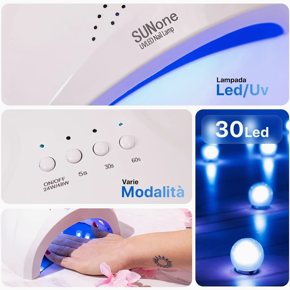 Kit Semipermanente Unghie Professionale, Kit Ricostruzione Unghie Gel Completo, Lampada Uv Led 48w, Smalto Unghie Primer, Base & Top Coat Semipermanente (Glitterati)