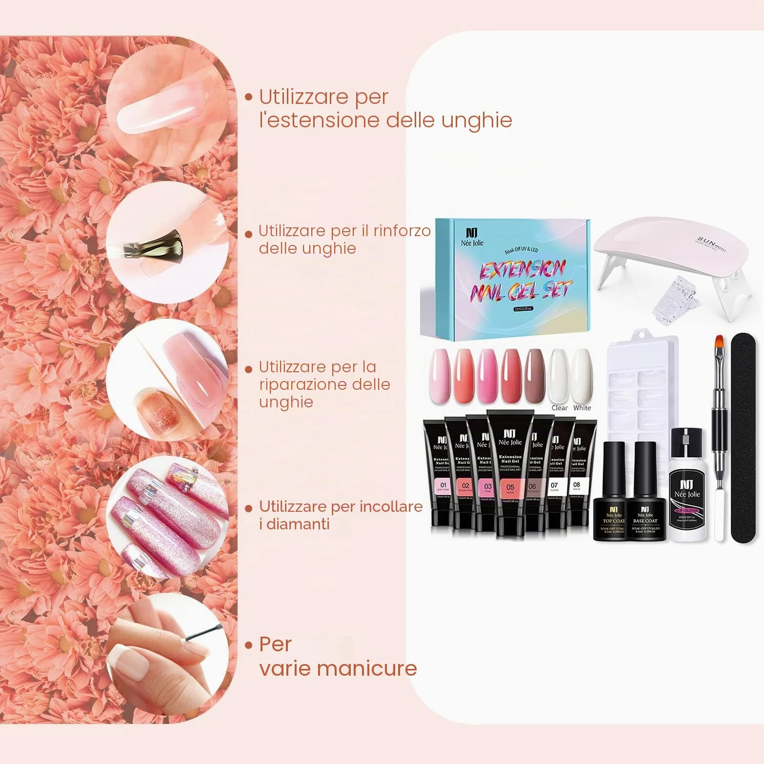 15ml Gel Unghie Ricostruzione Kit con Mini lampada UV, Unghie Extension Gel Set, per Extension per Unghie Clip Base Coat top Coat per Nail Art Starter Kit (Multicolore3)