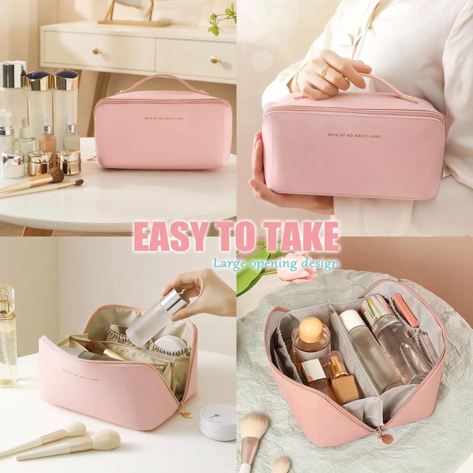 Borsa Cosmetica da Viaggio in Pelle PU, Trousse Trucchi Donna Impermeabile Portatile (Rosa)