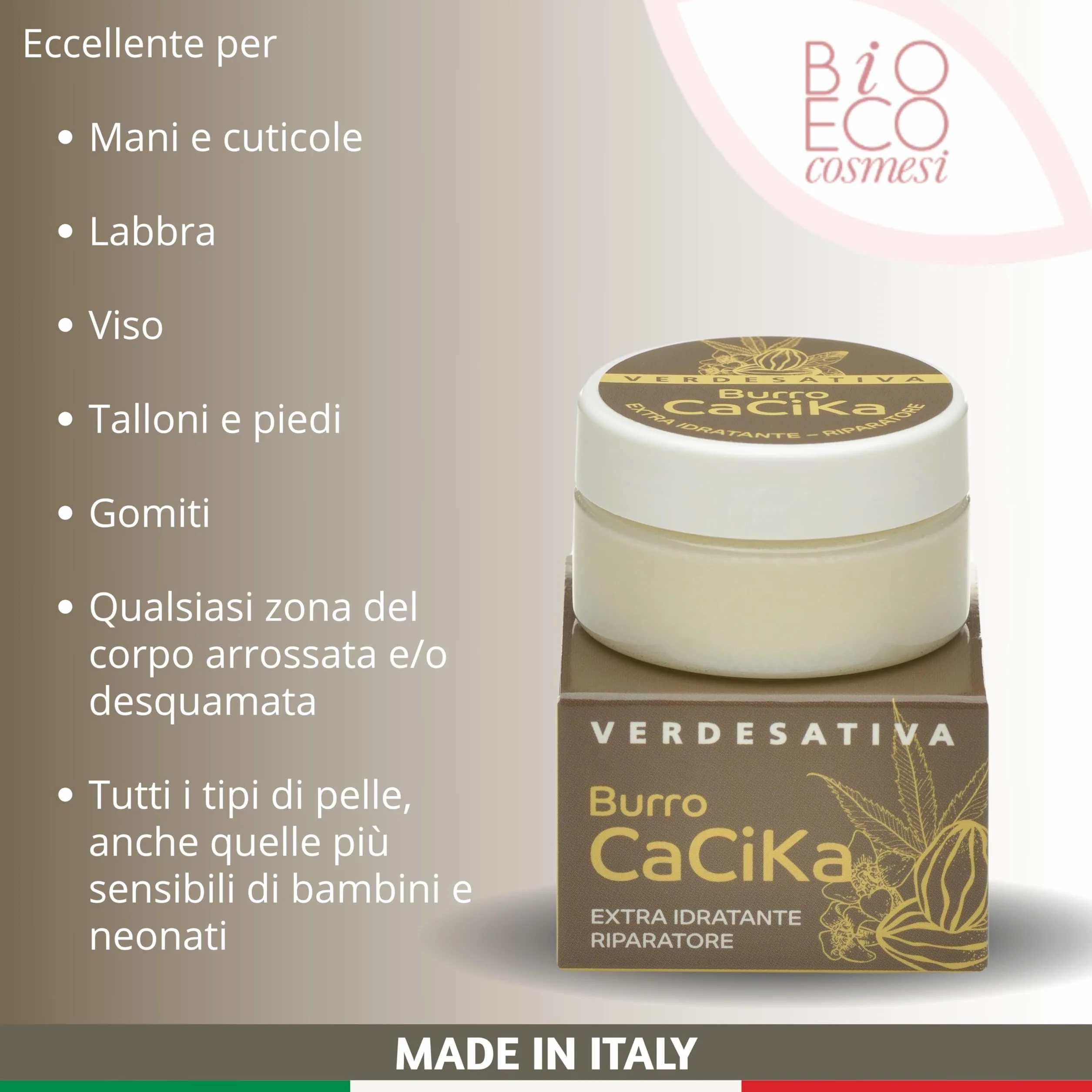 VERDESATIVA Burro Cacika Protettivo e Riparatore - 25 ml - Con Karité, Biologica e Oli Essenziali Naturali - Multiuso per Mani, Labbra, Piedi, Viso e Bambini - 100% Vegetale - Made in Italy
