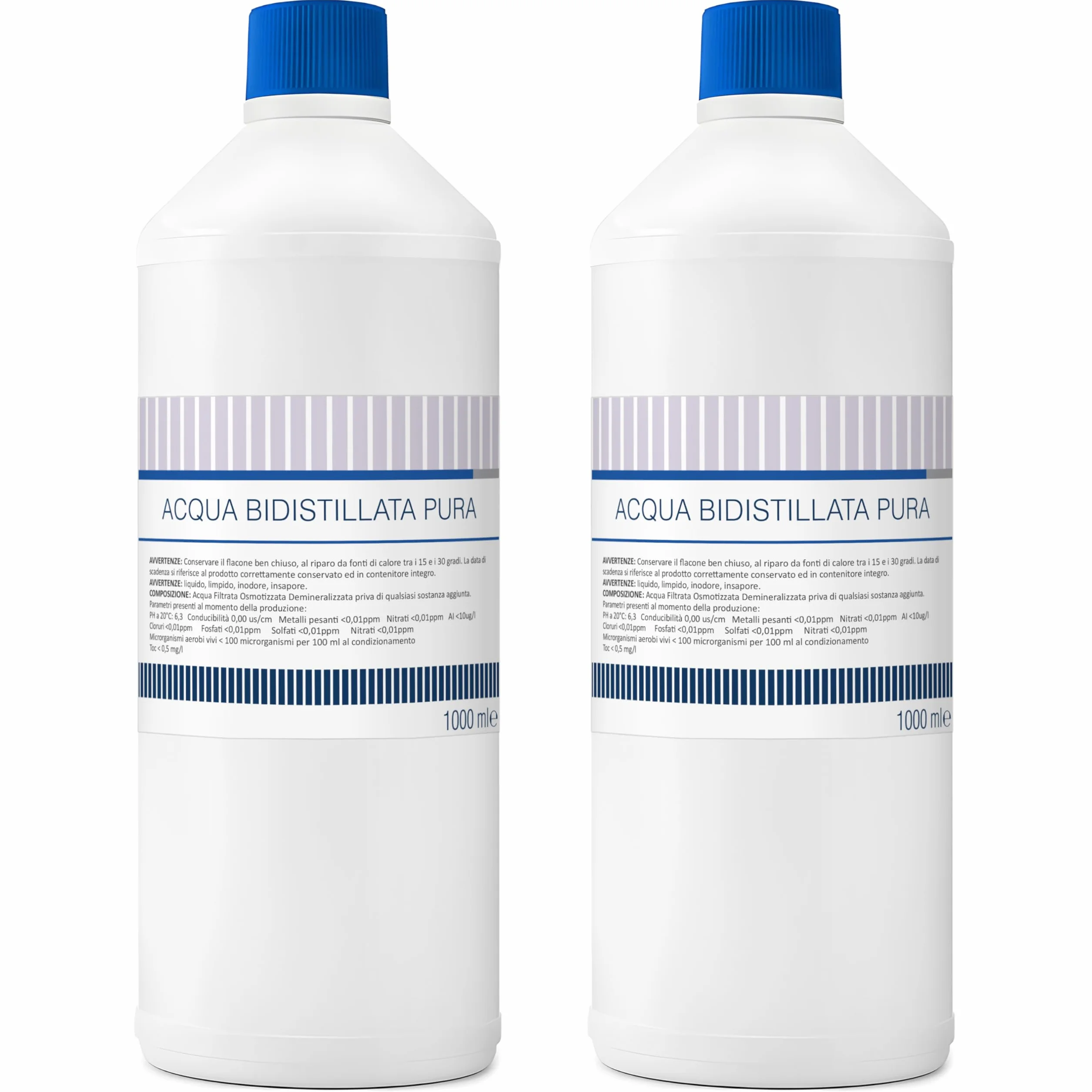 Acqua Bidistillata pura per uso clinico ed industriale 2 flaconi da 1 litro, Distillata due volte, Demineralizzata, Made in Italy