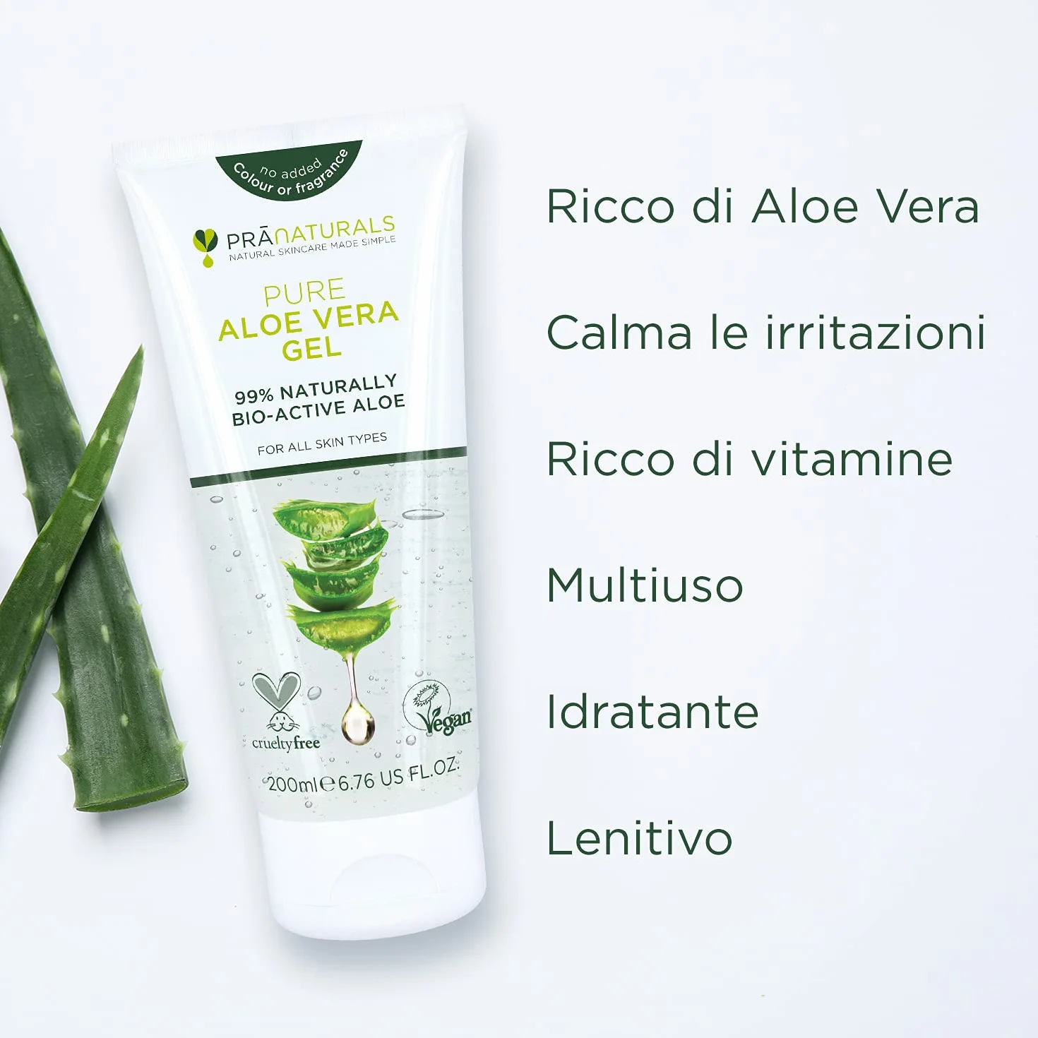 Pranaturals Aloe Vera Gel 200 ml Idratante Lenitivo Pelle Danneggiata
