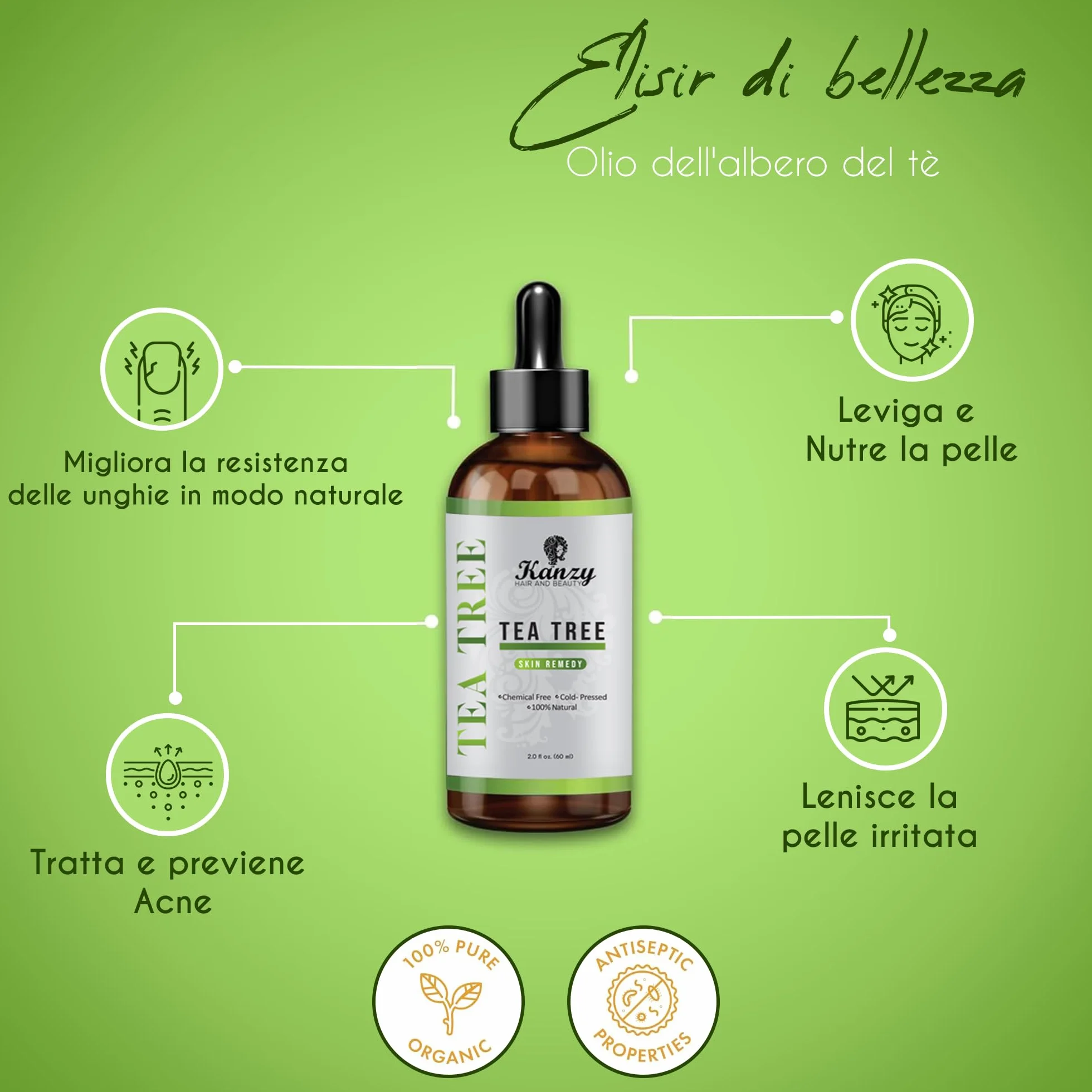 Kanzy Tea Tree Oil 60ml Olio Essenziale per Viso, Corpo, Capelli e Aromaterapia