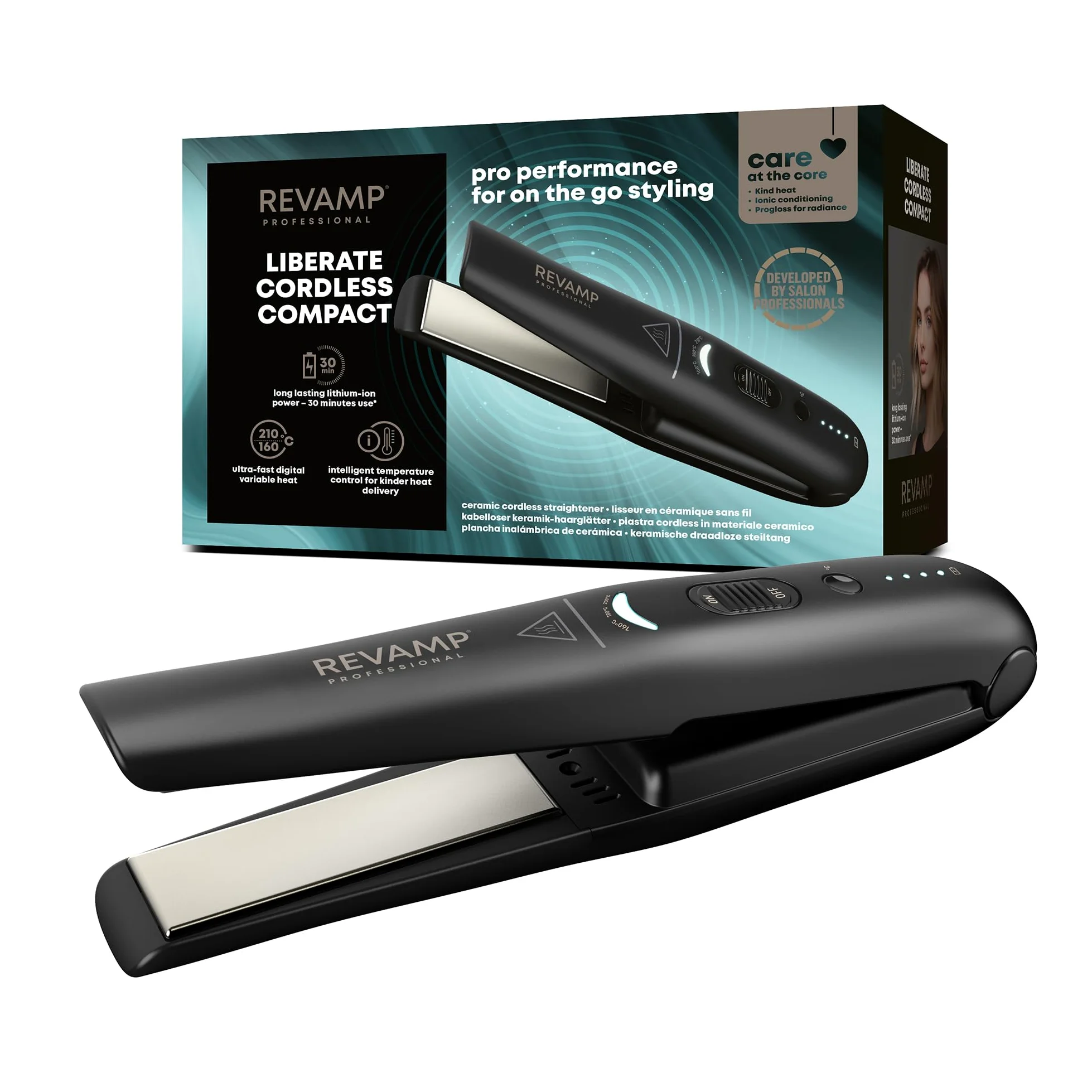 REVAMP Progloss Liberate Compact Piastra Senza Fili - Ceramica, Nero | Portatile, Tecnologia Ionica, Oli Liscianti, Anticrespo, 160-210 °C, Compatta