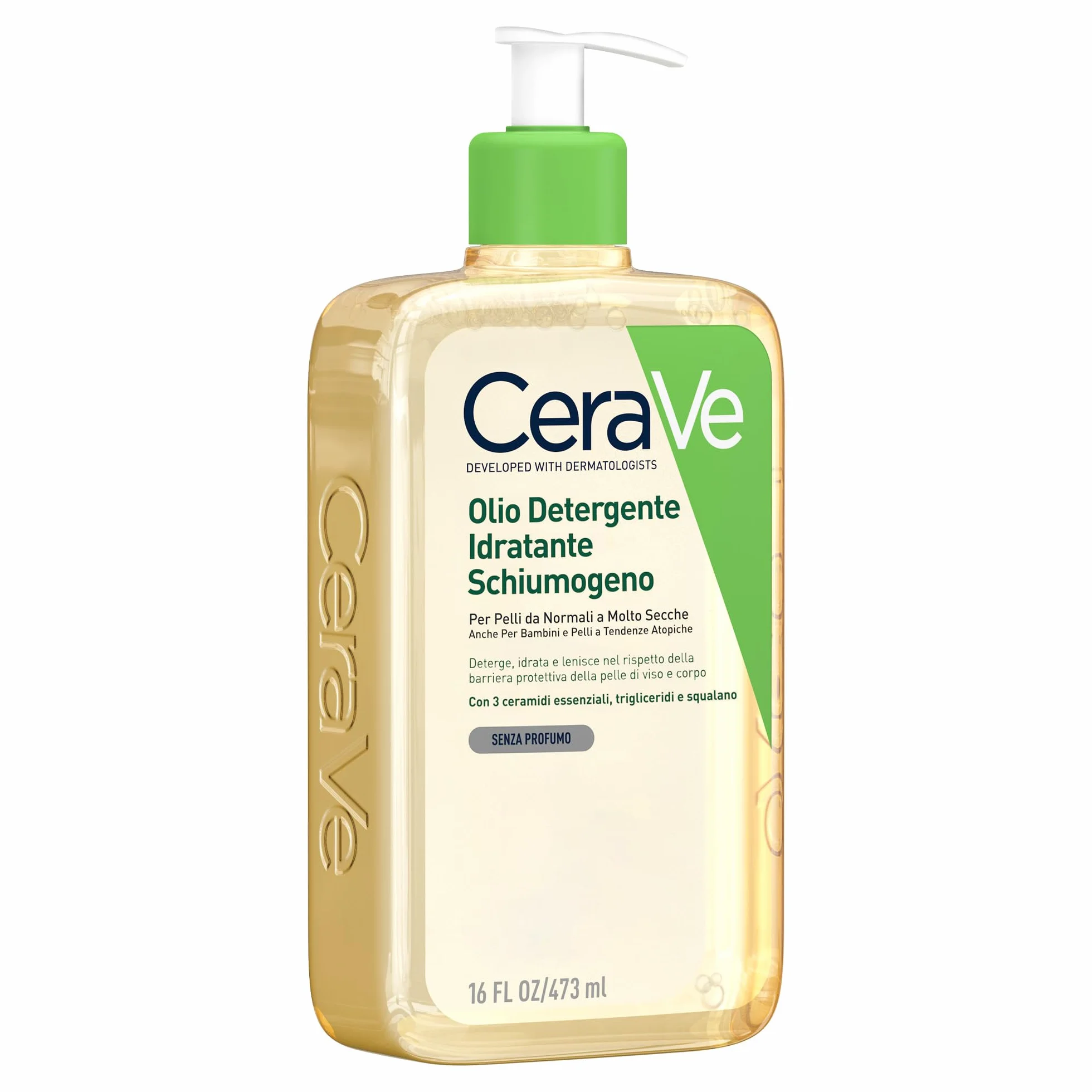 CeraVe Olio Detergente Schiumogeno, Per Pelli Secche e Molto Secche, Azione Idratante e Lenitiva, Rimuove Sebo e Impurità, Con 3 Ceramidi Essenziali, Trigliceridi e Squalano Vegano, 473 ml